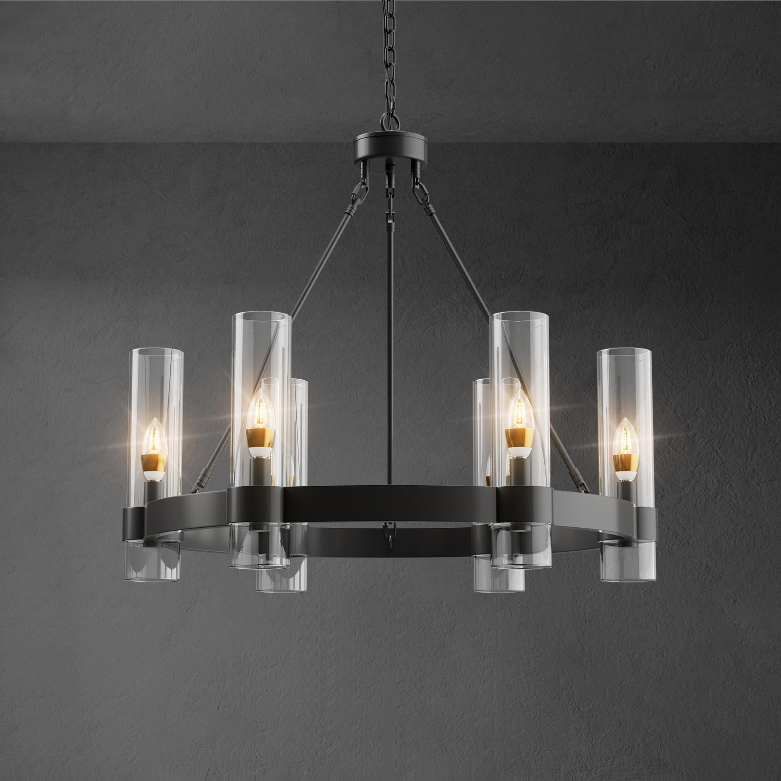 Black Wagon Wheel Chandelier - Modern 6-Light Large Round Farmhouse Chandelier with Glass Shade for Dining Room, Living Room, Bedroom & Entryway | Perfect for Rustic Home Decor & Country Style Interiors