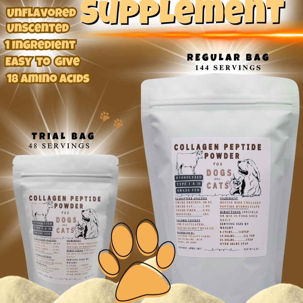 Hydrolyzed Collagen Peptide Powder for Dogs & Cats - Grass-Fed Beef, Pasture-Raised Bovine - Supports Hip & Joint, Skin, Gut & Bone Health - Pet Supplement for Active & Senior Pets
