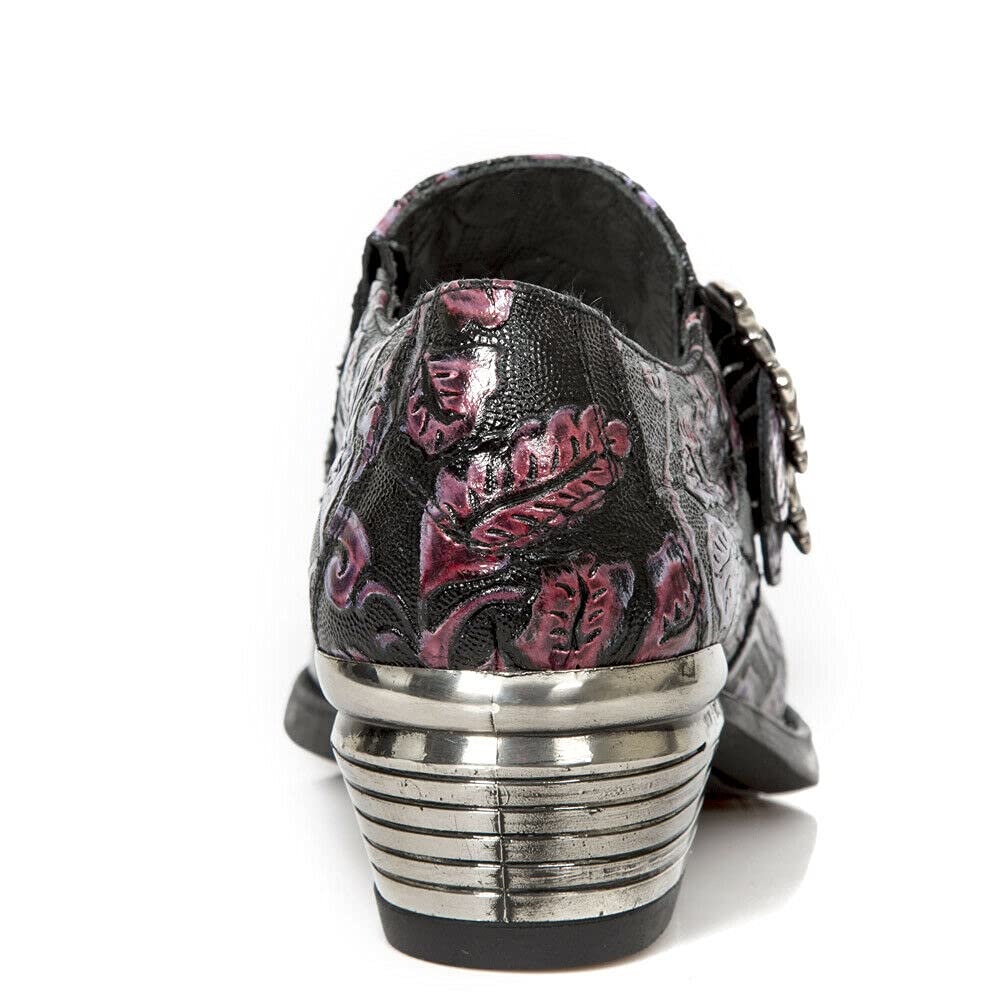 New Rock 7960 Men's Embossed Vintage Leather Boots with Buckle & Steel Heel - Stylish Motorcycle & Biker Shoes for Riding & Casual Wear