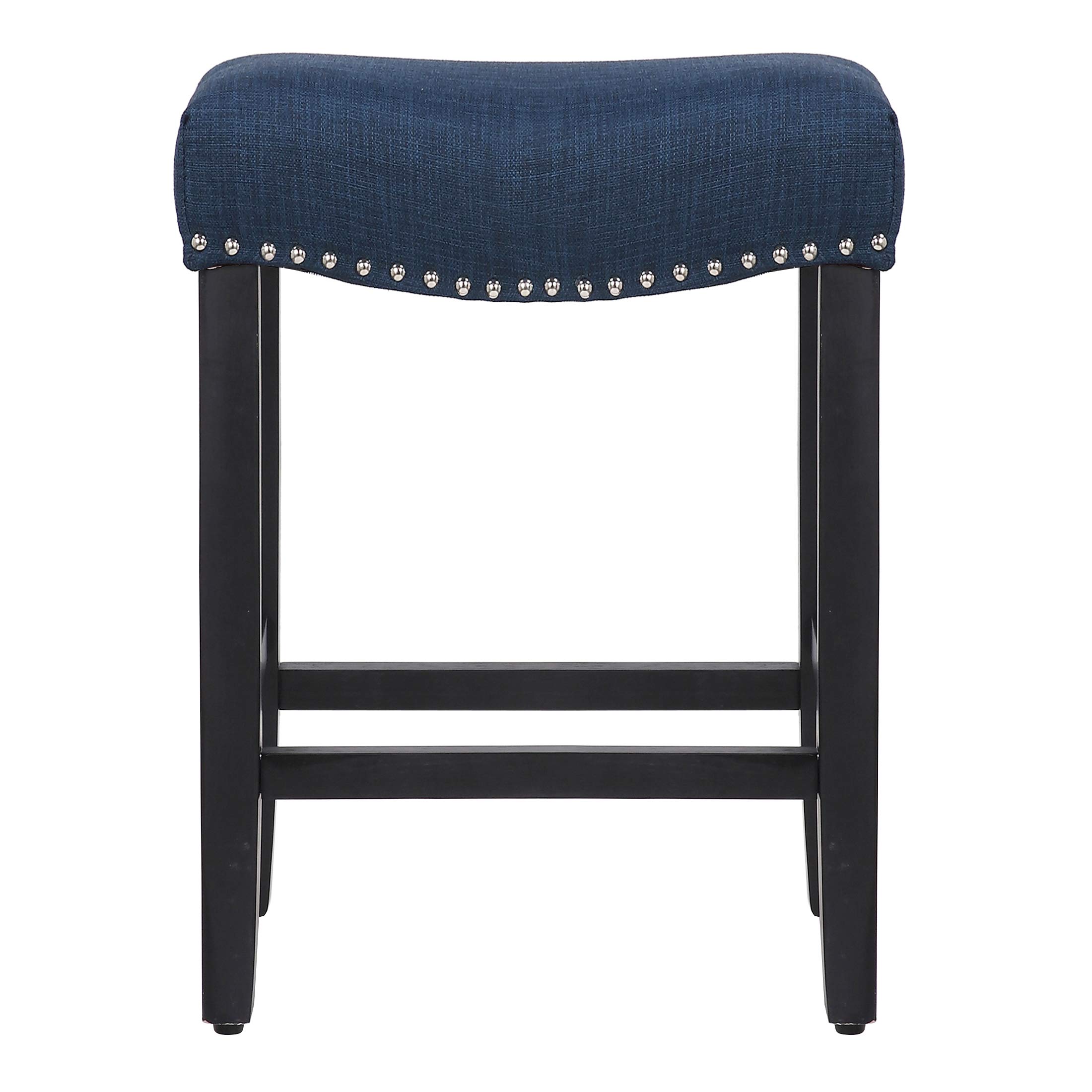 Modern Farmhouse Black Bar Stools Set of 2 - 24 Inch Counter Height Wooden Saddle Stools with Linen Upholstered Cushion & Solid Wood Legs - Navy Blue Kitchen Bar Stools for Home, Restaurant, or Cafe Decor