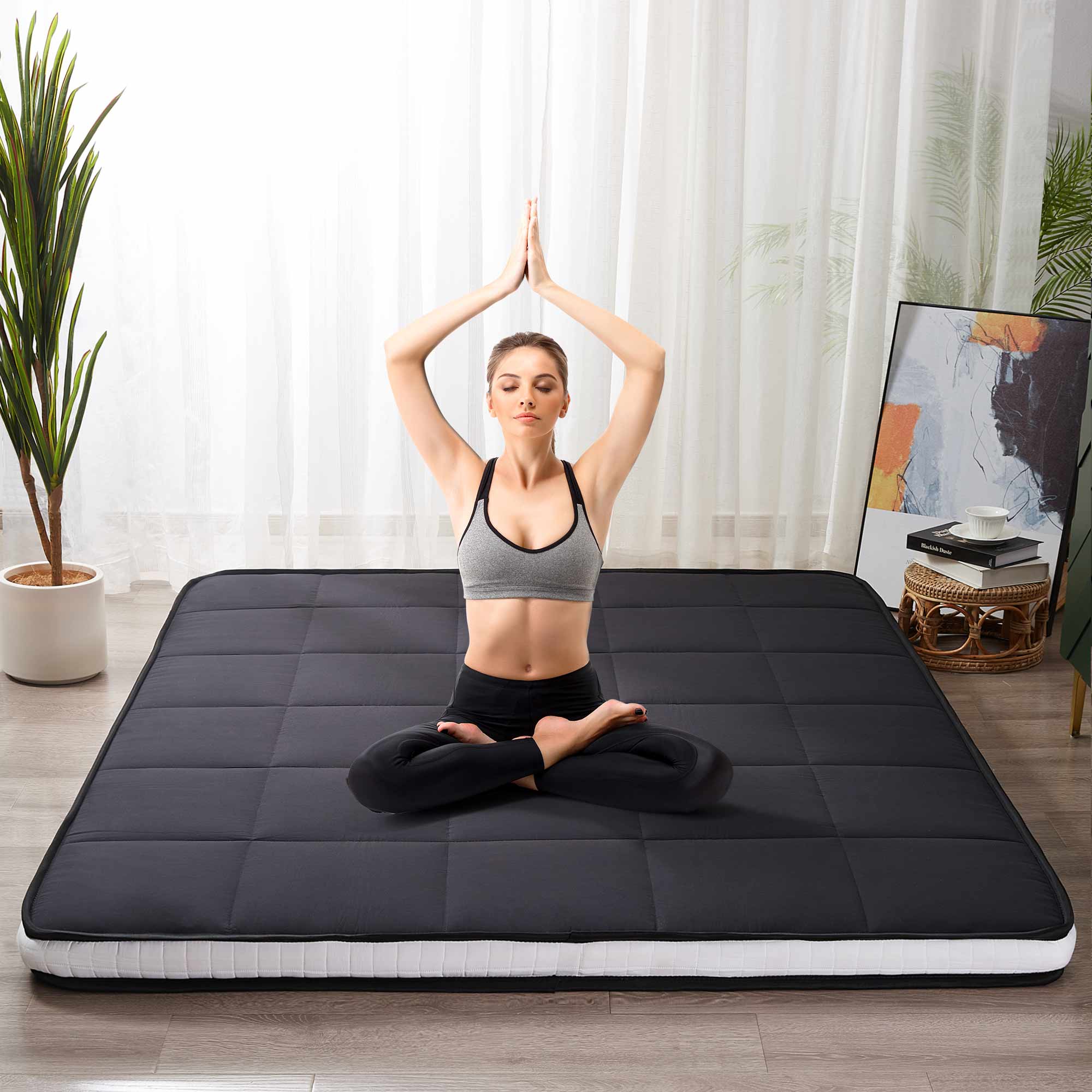 MAXYOYO 4 Square Japanese Floor Futon Mattress & Topper Pad - Black | Comfortable Tatami Sleeping Mat for Guest Bed, Yoga Meditation & Small Space Living