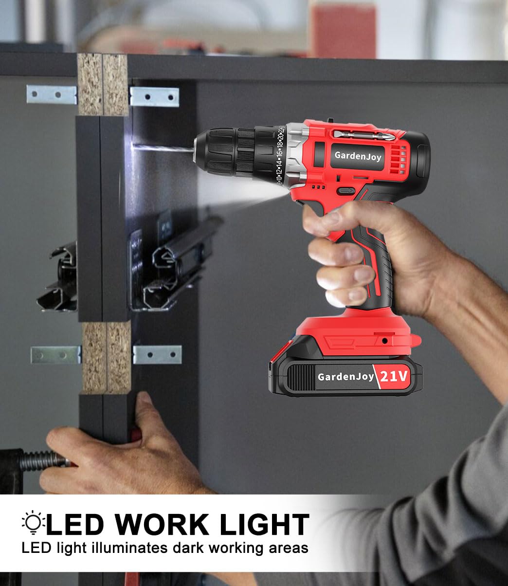 **21V Cordless Power Drill Set - GardenJoy Electric Drill Driver Kit with Battery & Fast Charger, 65pc Accessories, 2-Speed Control, 3/8