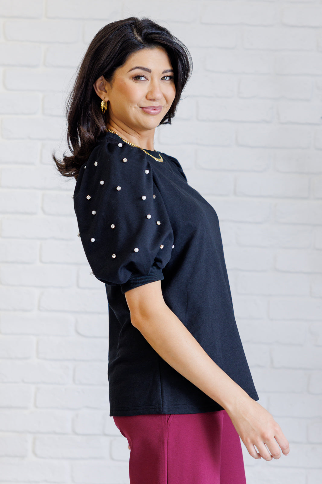 Black Diamonds and Pearls Puff Sleeve Blouse - Elegant Women's Fashion Top for Parties, Dates & Special Occasions