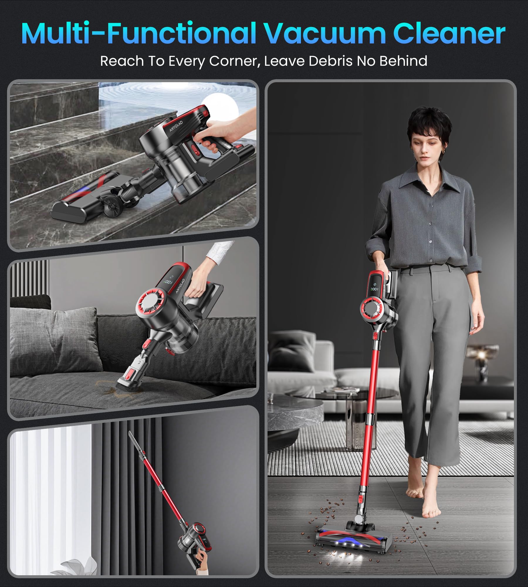 Powerful 300W Cordless Stick Vacuum Cleaner - 45min Runtime, LED Display, 2 Modes, Lightweight & Anti-Tangle Brush - Ideal for Hard Floors, Carpets, Cars & Home Cleaning