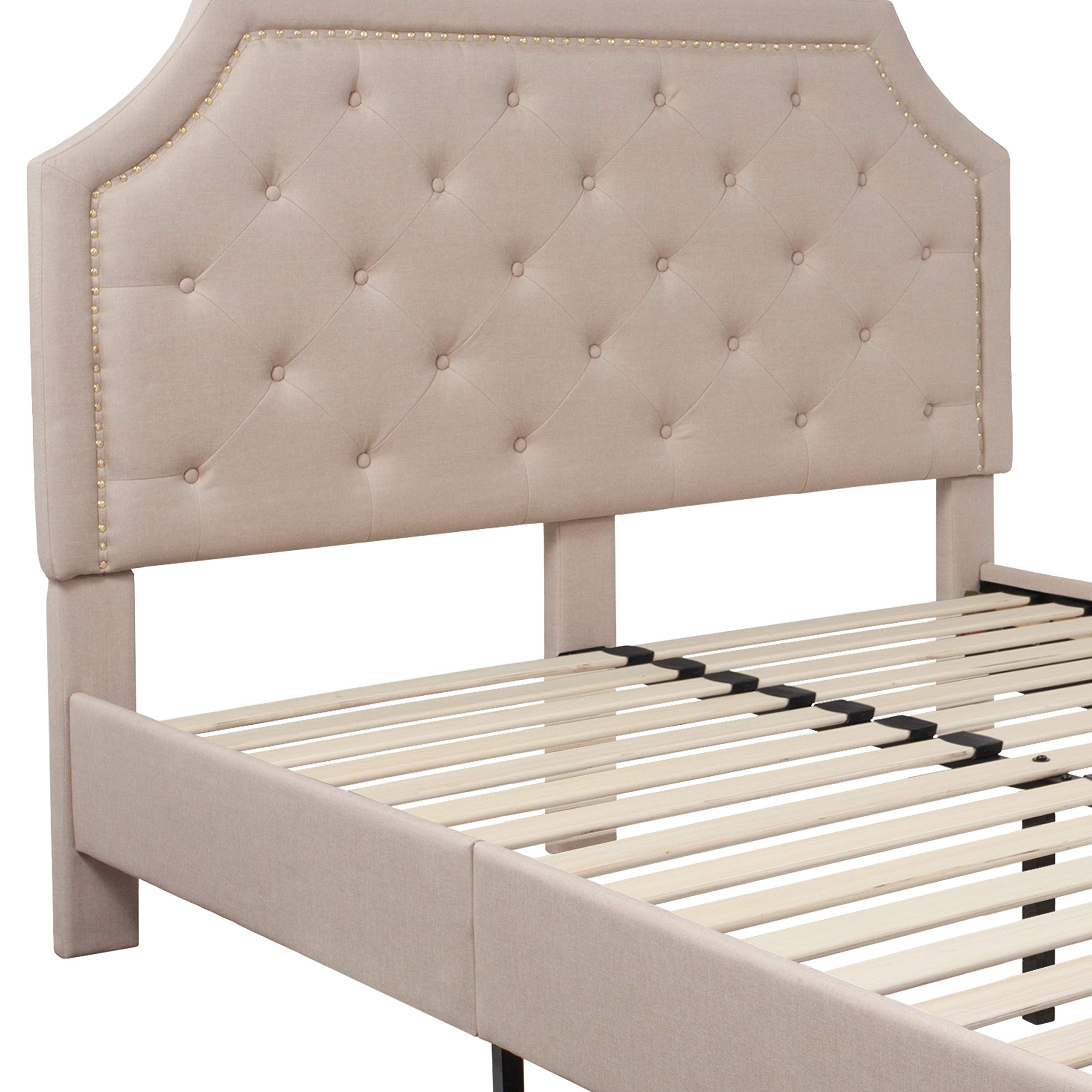 Queen Size Arched Tufted Upholstered Platform Bed Frame - Beige Fabric Upholstery Headboard with Wooden Slat Support | Perfect for Master Bedroom, Guest Room & Apartment Decor