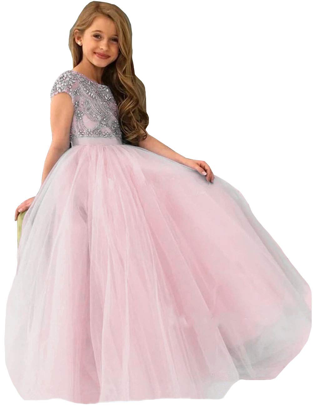 Emanni Girls Tulle Pageant Dress with Rhinestones & Beaded Flowers - Elegant Flower Girl Dress for Birthday Party, Wedding, Pageant & Special Occasions