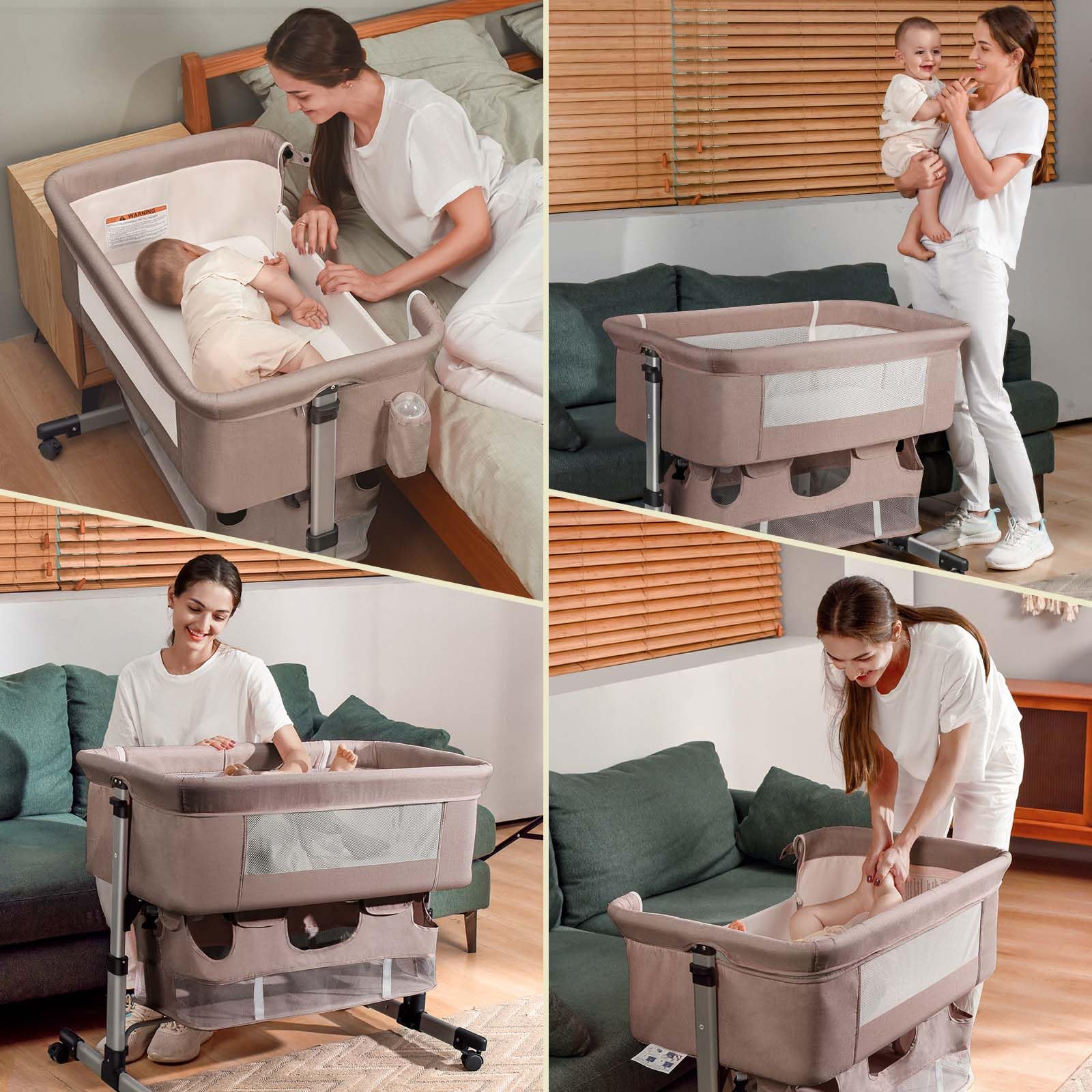 3-in-1 Adjustable Portable Baby Crib & Bassinet for Newborns - Convertible Bedside Sleeper with Breathable Mesh - Perfect for Nursery, Co-Sleeping & Travel (Khaki)