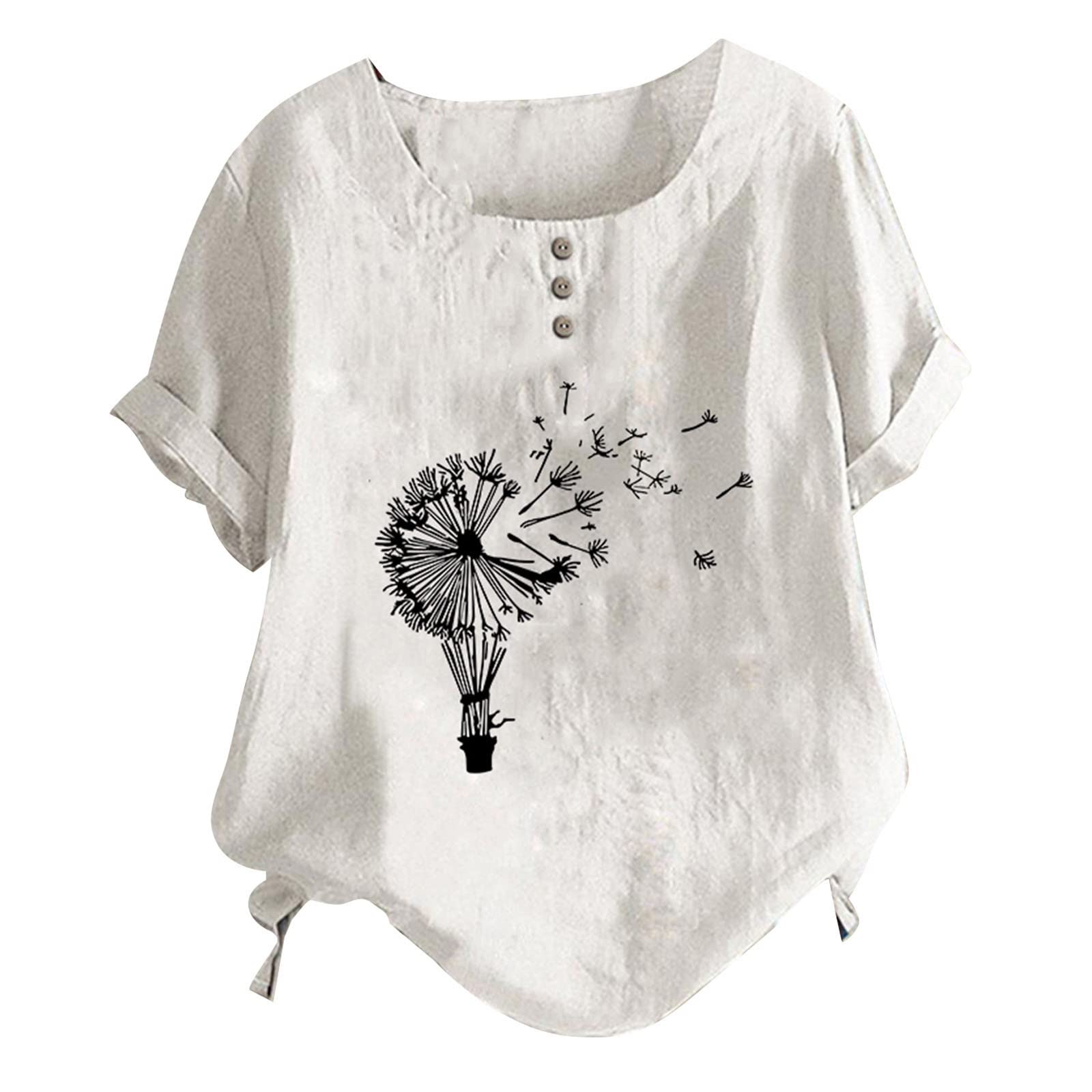 Women's Summer Round Neck Button-Up Cotton Linen Short Sleeve T-Shirt - Dandelion Print Casual Blouse in Black & White | Perfect for Beach Outings, Picnics & Summer Vacations