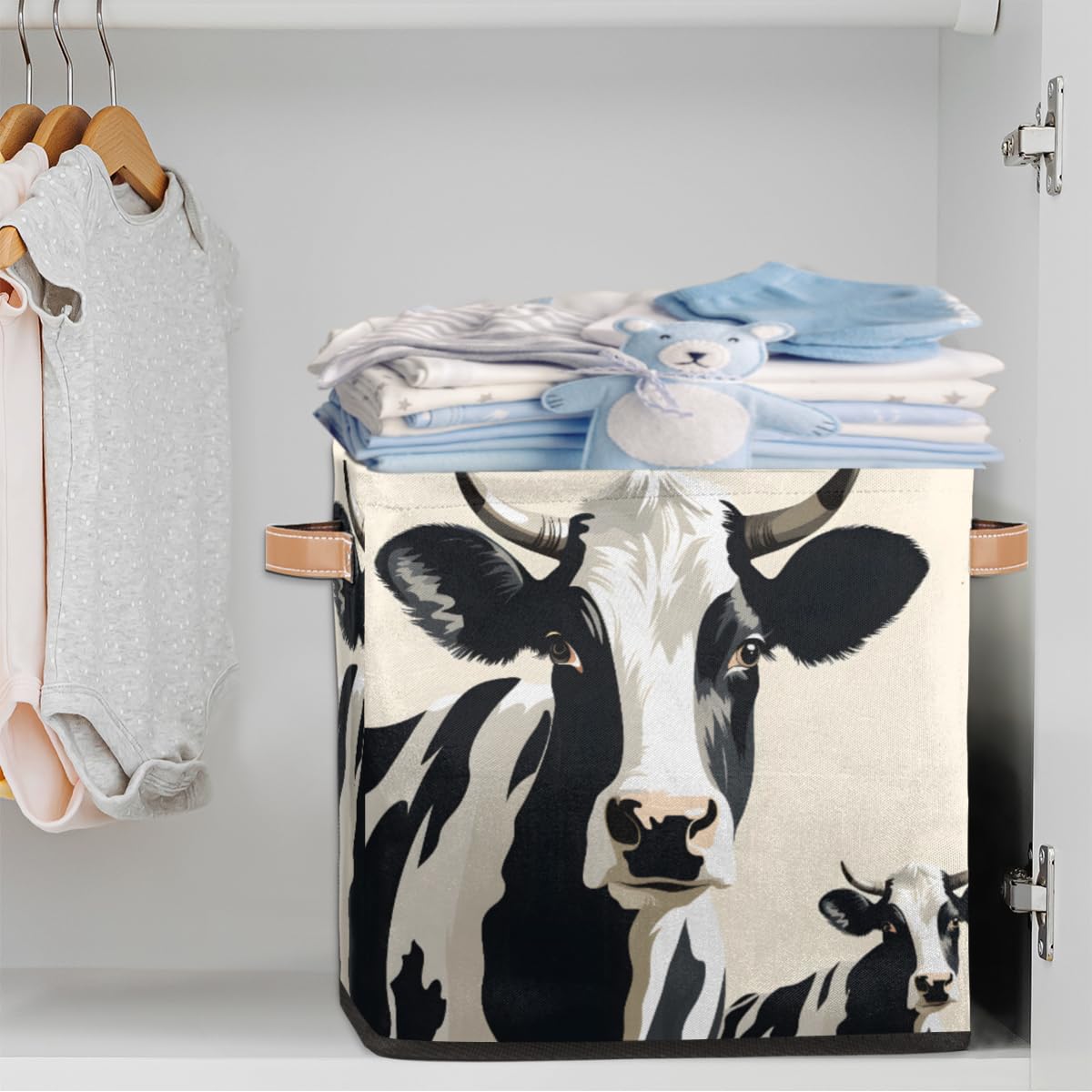 13 Inch Cute Cow Fabric Storage Bins with Leather Handles - Foldable Closet Organizer Baskets for Bedroom, Living Room & Shelves | Perfect for Kids' Room, Nursery, and Home Organization