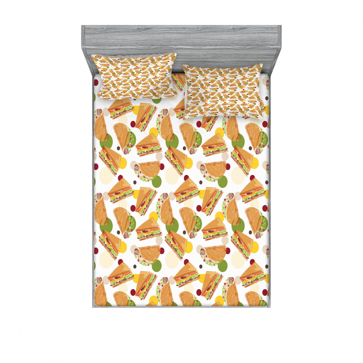 Ambesonne Fast Food Themed 2-Pack King Size Fitted Sheet & Pillow Sham Set - Sandwich & Taco Print 4-Piece Bedding Collection | Fun Teen Room Decor, Dorm Essentials, Themed Party Supplies