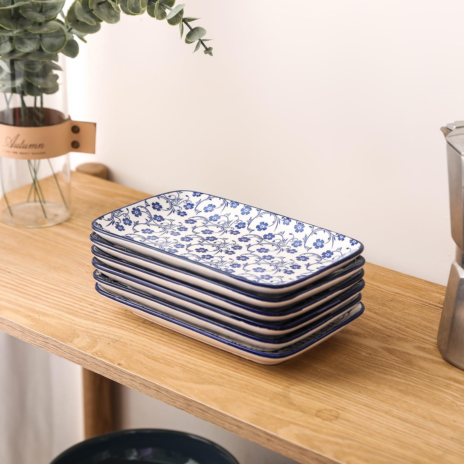 Selamica 8 Inch Ceramic Rectangular Salad Plates Set of 4 - Vintage Blue Small Dinner Plates for Party, Appetizers, Sushi & Dessert | Perfect for Entertaining, Restaurants & Home Dining