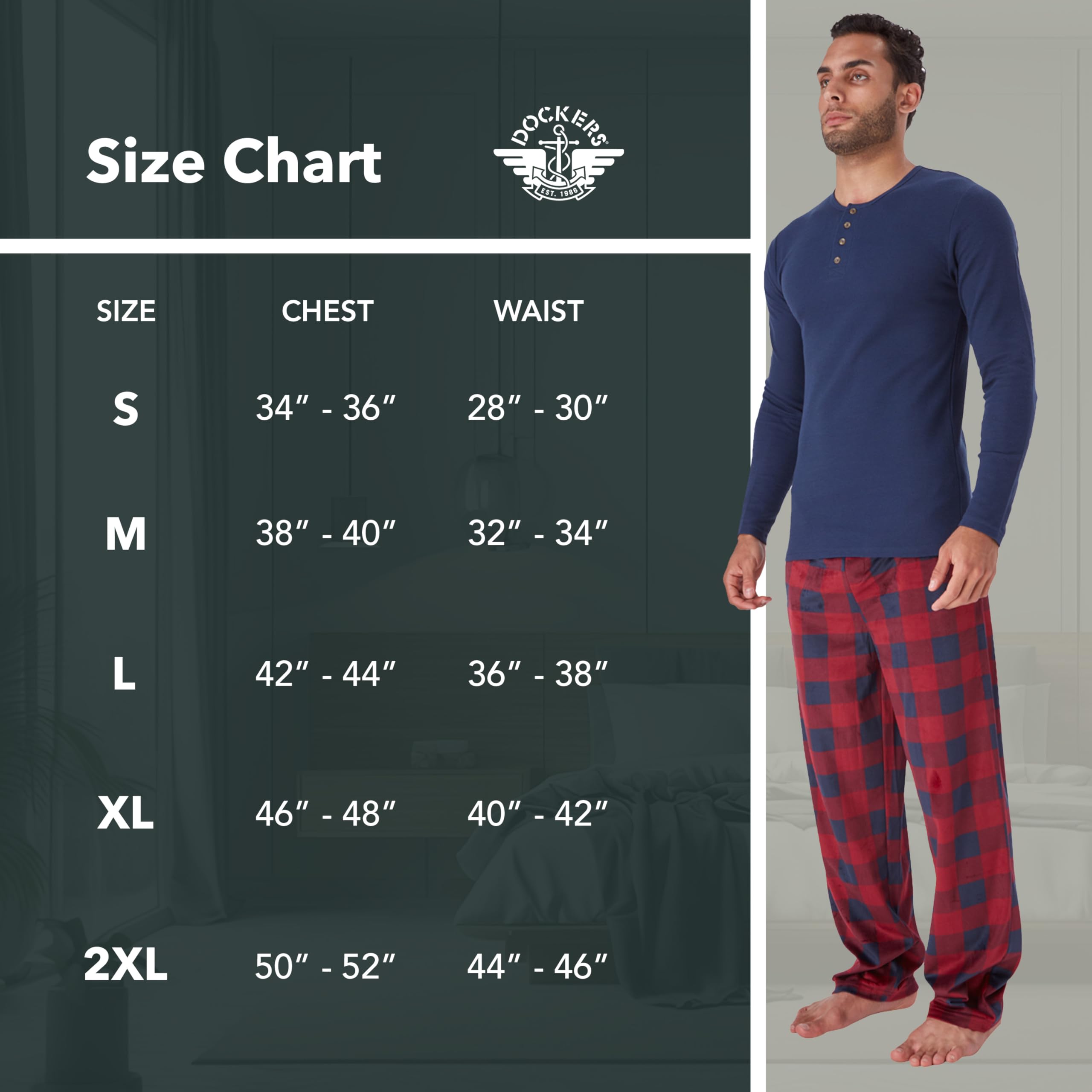 DOCKERS Men's Plaid Pajama Set - Waffle Henley Long Sleeve Shirt & Comfortable PJ Pants for Lounge, Sleep & Relaxation at Home