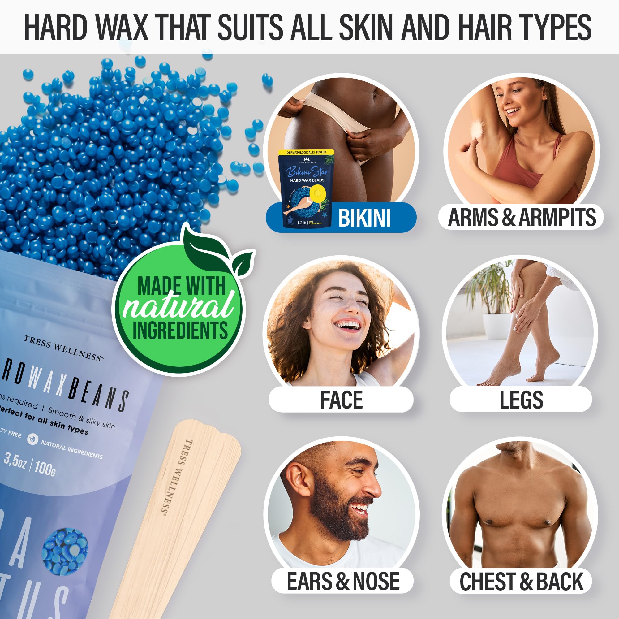 Tress Wellness Grey Wax Warmer Kit with White Melting Bowl & Bikini Wax Strips - Perfect for At-Home Hair Removal, Salon Waxing, and Smooth Skin Care