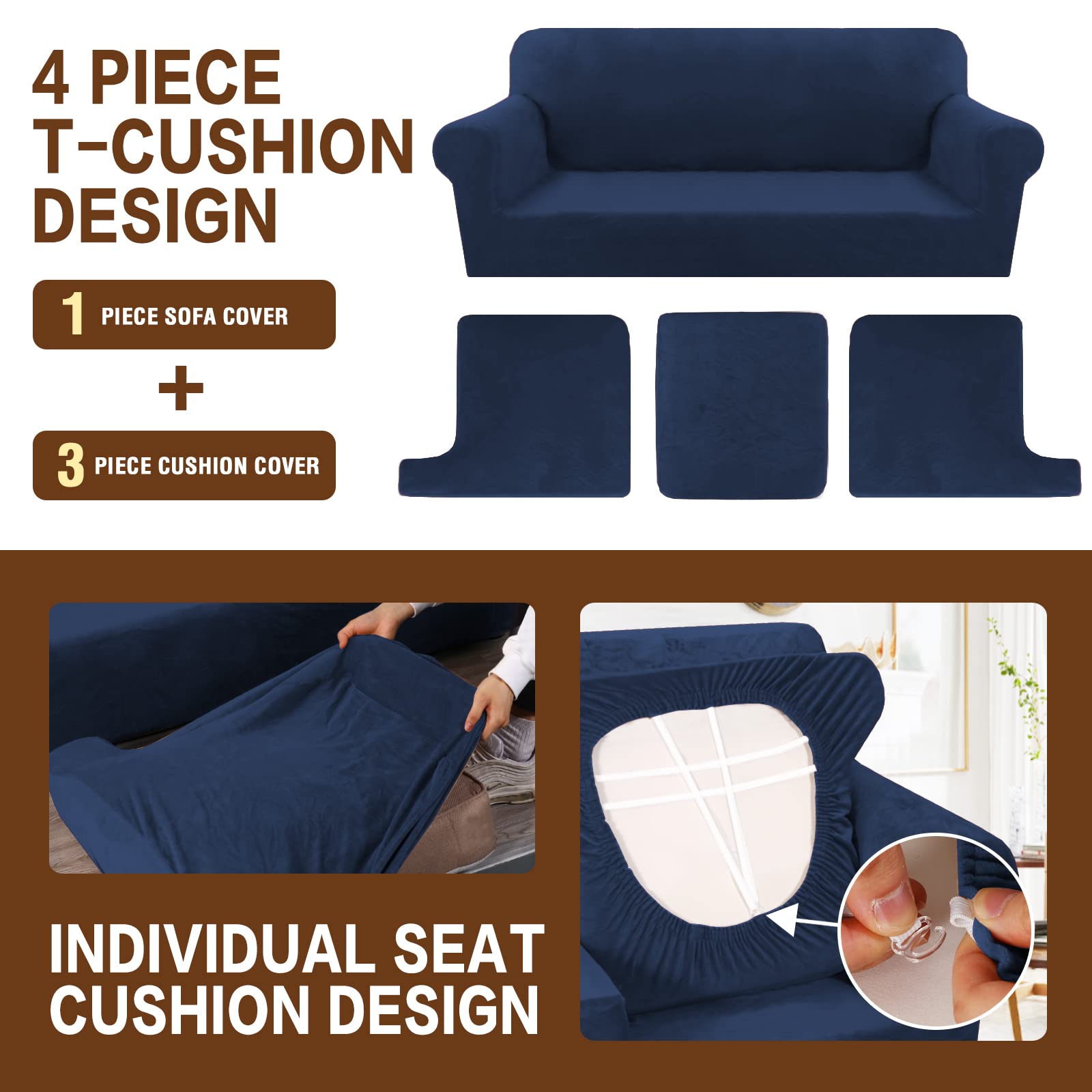 Velvet T-Cushion Sofa Slipcover 4-Piece Set - Soft Stretchable Couch Cover for Sectional Sofas - Furniture Protector with 3 Individual T-Cushion Seat Covers (Navy Blue) - Perfect for Living Room, Family Room & Home Decor