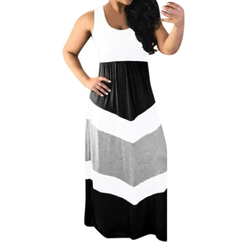 Women's Striped Stitched Color Block High Waist Maxi Slip Dress - Elegant Silky Long Dress for Casual Wear, Beach Vacation & Summer Outings