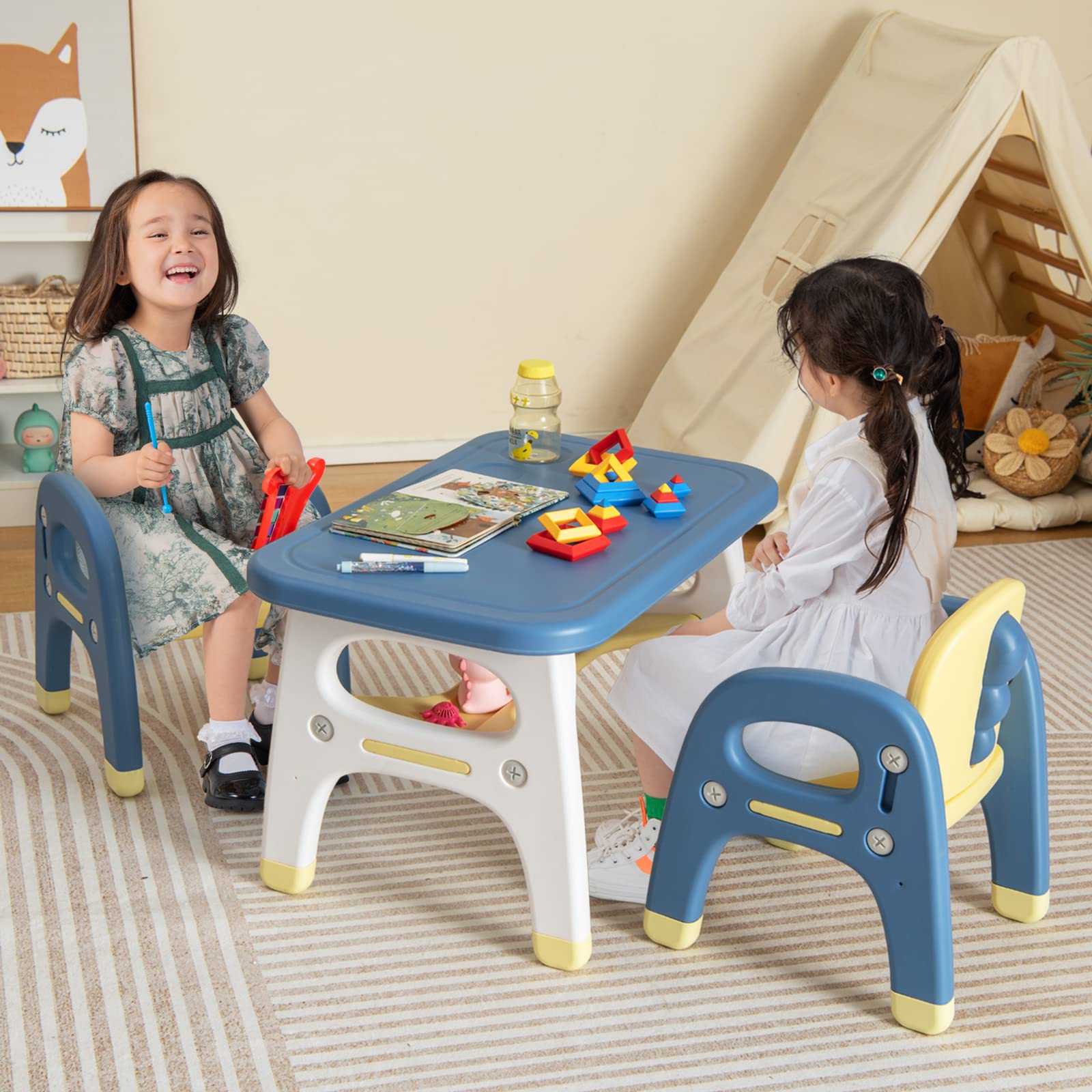 Costzon Kids Table and Chair Set with Montessori Toys - Toddler Activity Table with Storage Shelf, Building Blocks & Dinosaur-Shaped Chairs - Easy to Clean for Preschool & Kindergarten (Table + 2 Chairs) - Perfect for Learning, Playtime & Daycare Activities