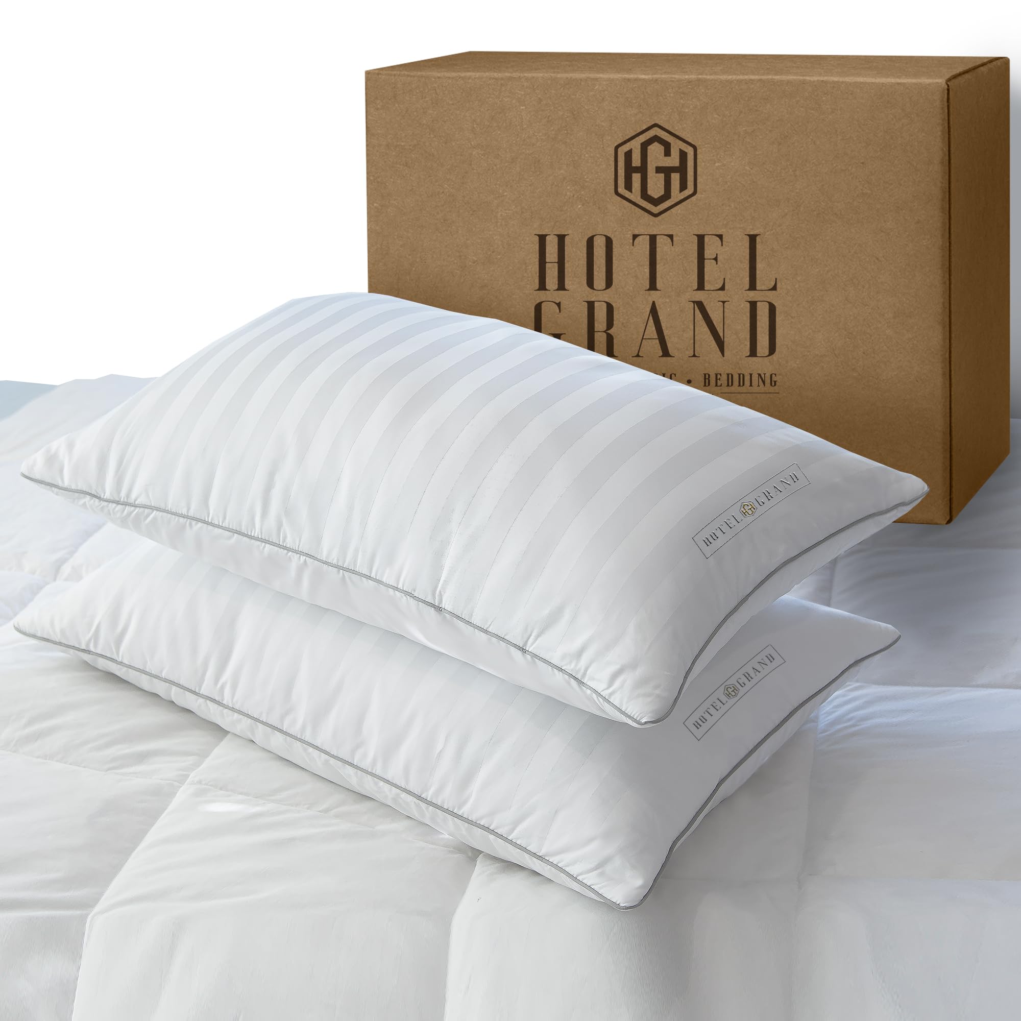 Premium 100% Cotton Queen Size Hotel Grand Fluffy Feather Down Pillow Set of 2 - Medium Firm Hypoallergenic Bed Pillows for Back & Side Sleepers, 20