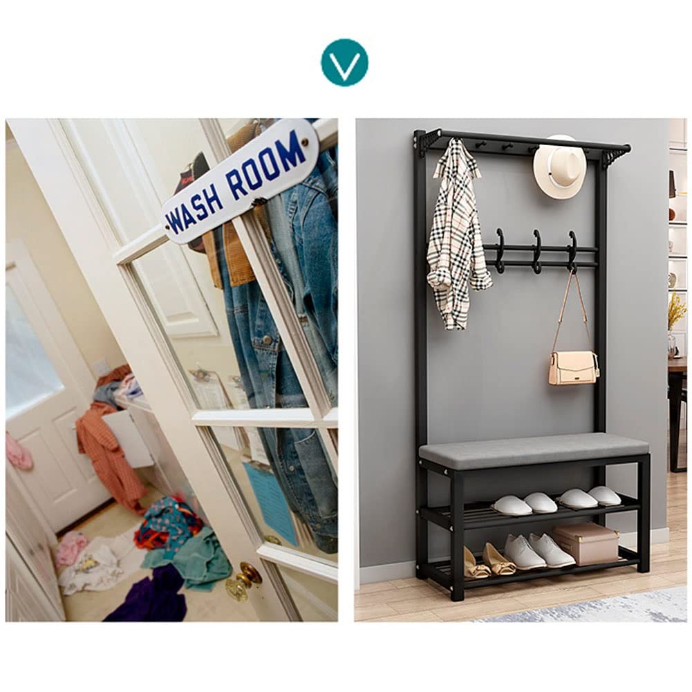 3-in-1 Entryway Organizer - Coat Rack Shoe Bench with Seat Cushion, 9 Hooks & Hanging Bars, Metal Frame Storage Shelf for Hallway, Home Office, Bedroom - Perfect for Small Space Organization & Shoe Storage at Entrance