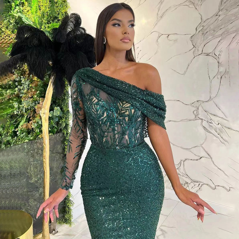 Elegant One Shoulder Mermaid Evening Dress with Pearl Beading - Green Prom Gown for Women 2025 | Perfect for Parties, Galas & Formal Events