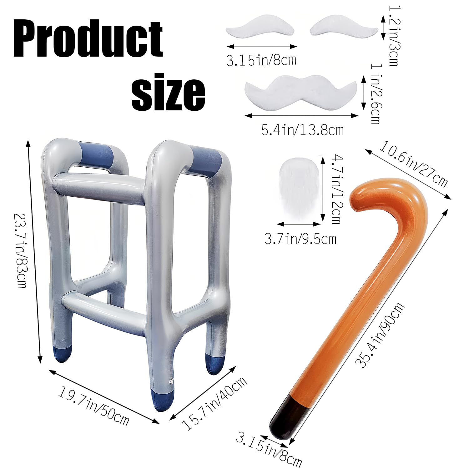 2 Pcs Inflatable Walker and Cane with Beard - Funny Old Age Costume Accessories for Men & Women - Retirement Gag Gift, Party Decoration - Perfect for Halloween, Themed Parties, and Practical Jokes