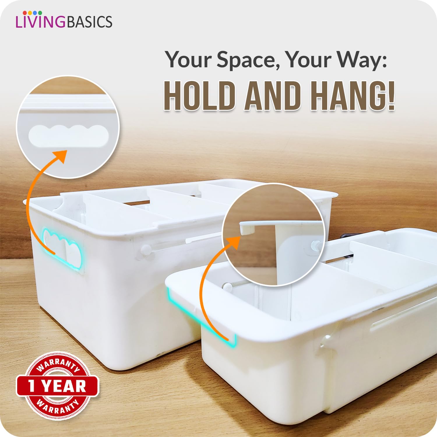LIVINGBASICS 2 Large 3 Small Expandable Drawer Organizer Set - Adjustable Storage Tray & Divider for Kitchen, Office, Bathroom - White PPCP Plastic Organizer for Utensils, Makeup, Office Supplies