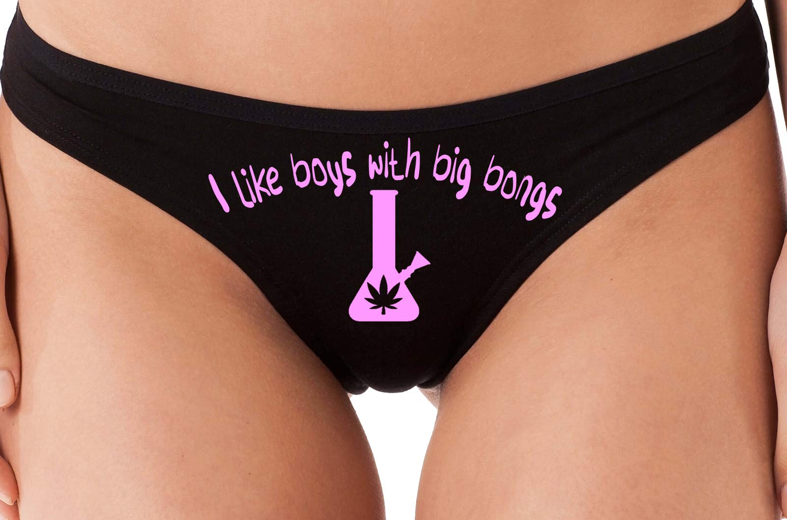 Knaughty Knickers - I Like Boys With Big Bongs Cannabis Print Black Thong Underwear for Women - Fun Novelty Lingerie for Bachelorette Parties & Festive Occasions