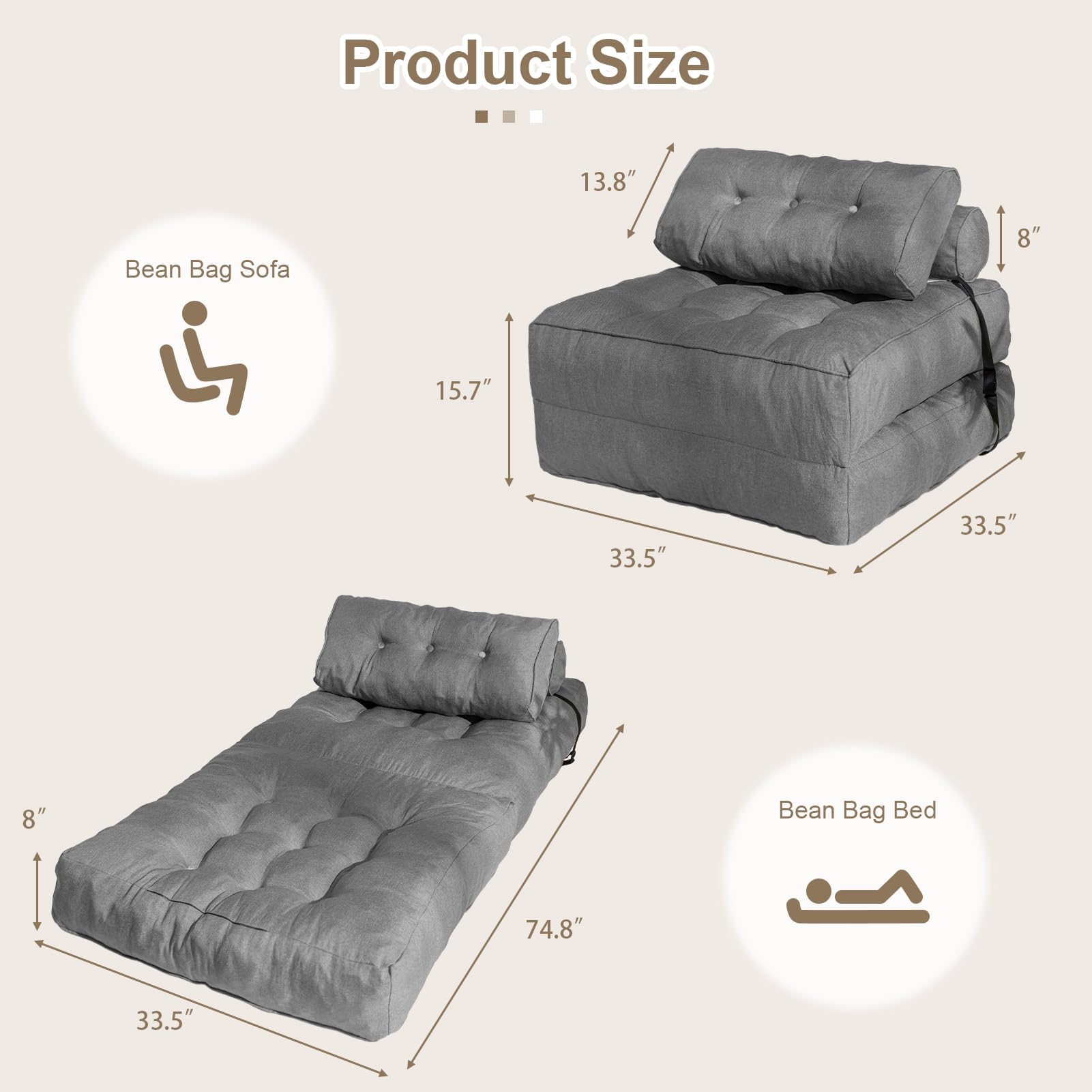 MAXYOYO Folding Couch Sofa Bed - Convertible Sleeper Chair with Back Support & Pillow, Space Saving Grey Futon for Small Apartments, Guest Rooms & Dorm Living