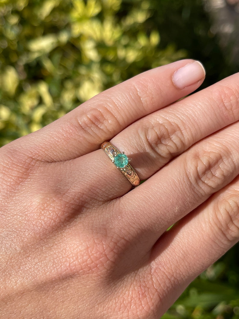 0.35ct Round Emerald Floral Solitaire Black Hills Gold Ring 14K White Gold - Elegant Wedding Band, Anniversary Gift for Her, Perfect for Special Occasions & Everyday Wear