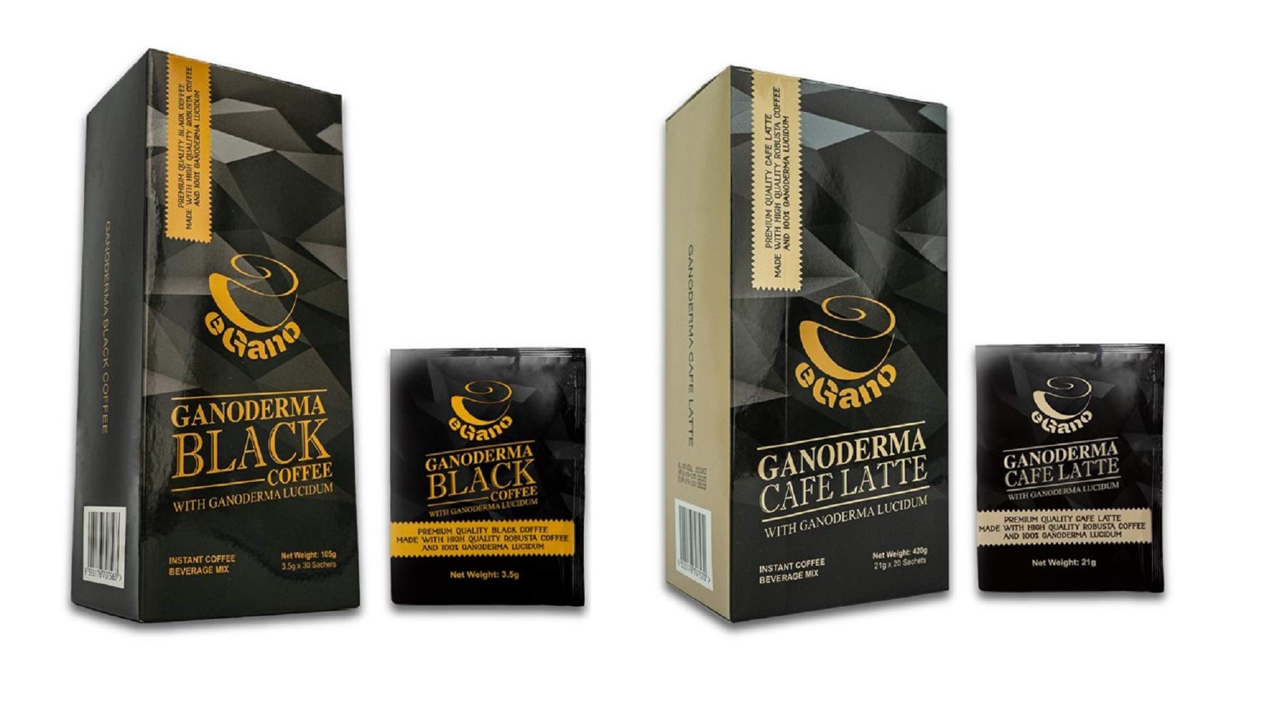 Premium Ganoderma Black Coffee & Cafe Latte Instant Coffee with Ganoderma Lucidum - 8 Count (32 Sachets) - Dark Roast - Vegan & Gluten Free - Perfect for Home, Office, or Travel - Boosts Energy & Immunity Naturally