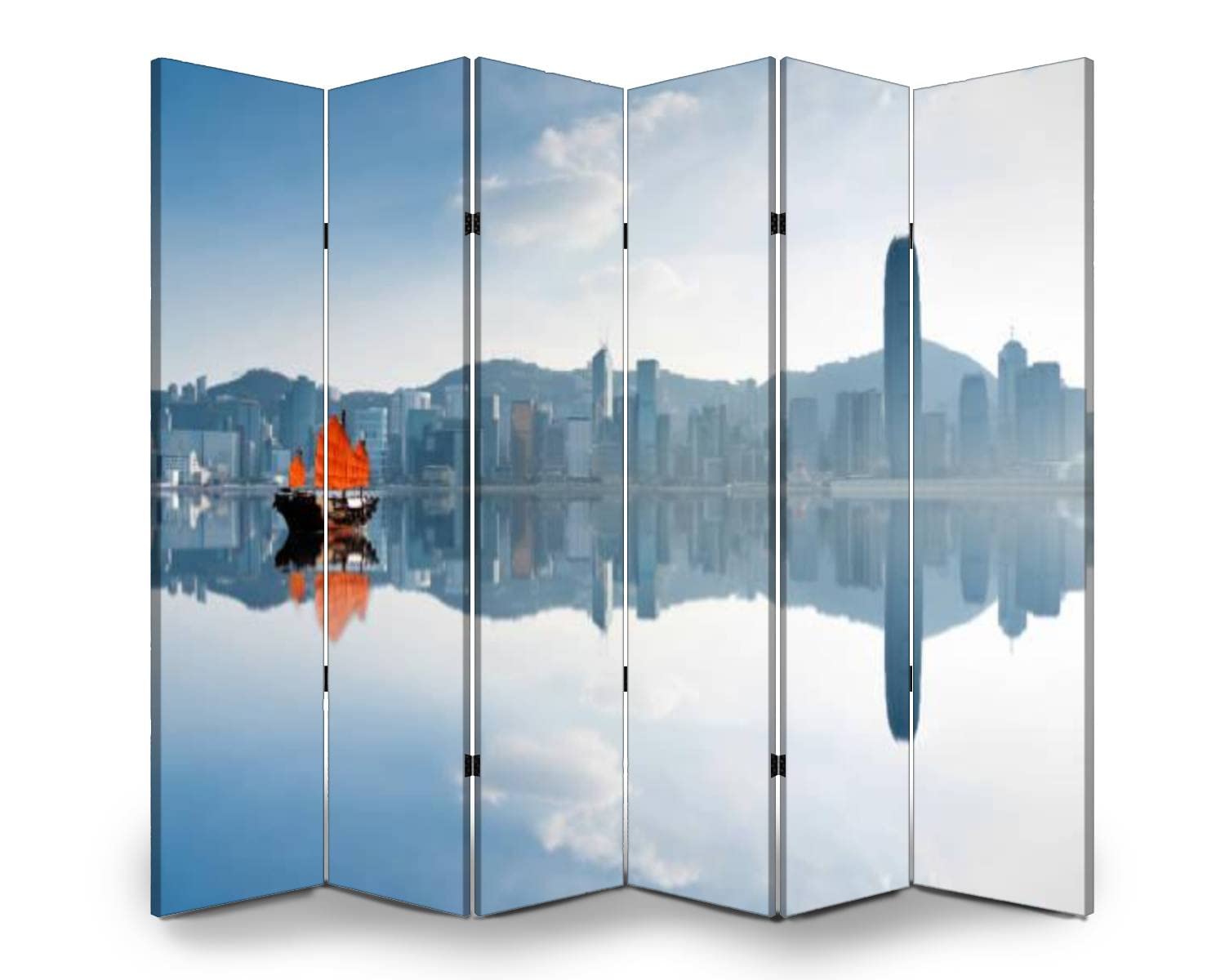 6-Panel Folding Room Divider Privacy Screen - Freestanding Partition for Indoor/Outdoor Use - Vintage Junk Boat Hong Kong Harbor Design - Perfect for Home Office, Nursery, Studio & Event Spaces