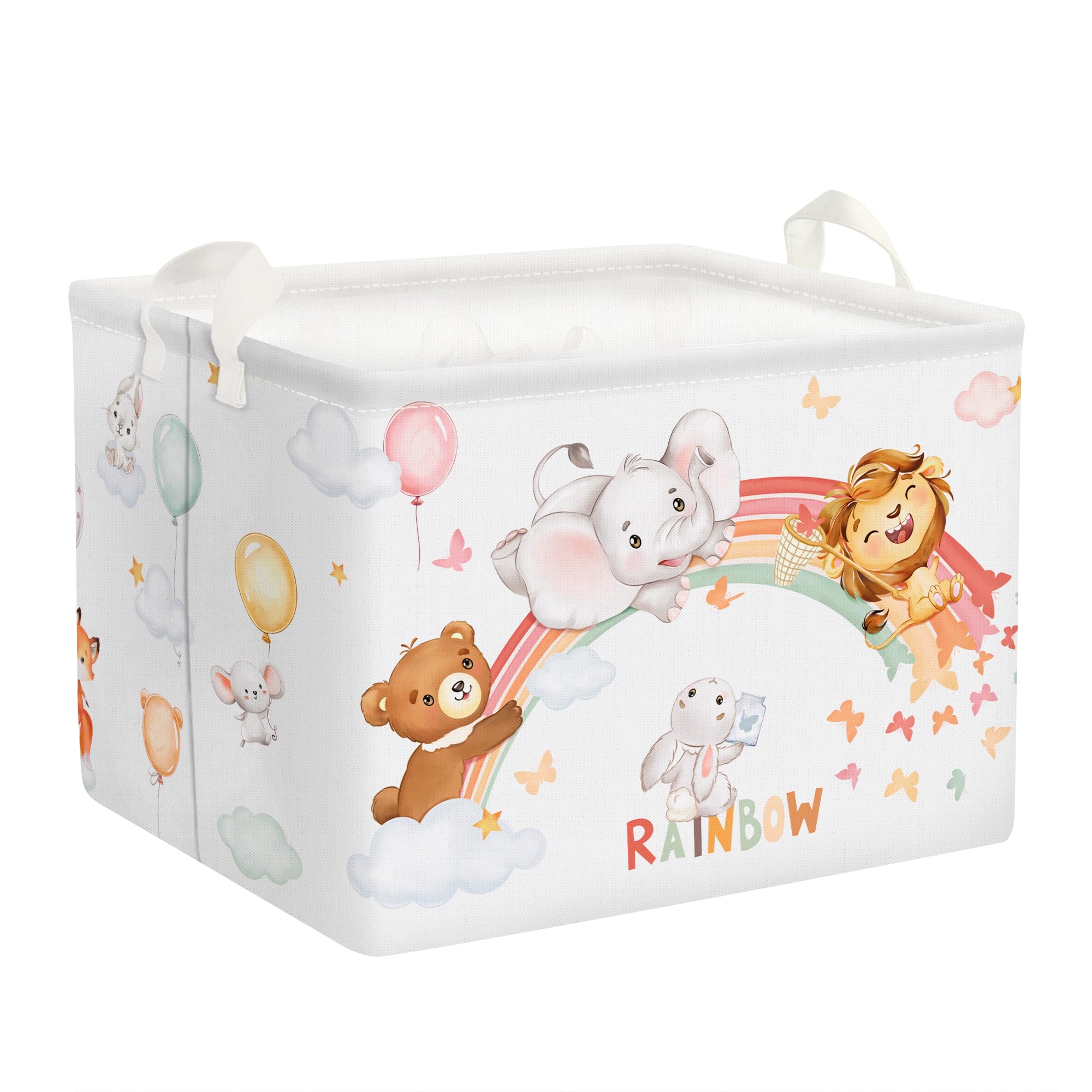 Clastyle Boho Animal Butterfly Rainbow Baby Gift Basket - Rectangle Bear Elephant Lion Balloon Shelf Basket for Nursery Storage | Holds Clothes, Blankets, Toys & Books (36L Capacity) - Perfect for Baby Showers, Birthday Gifts & Nursery Organization