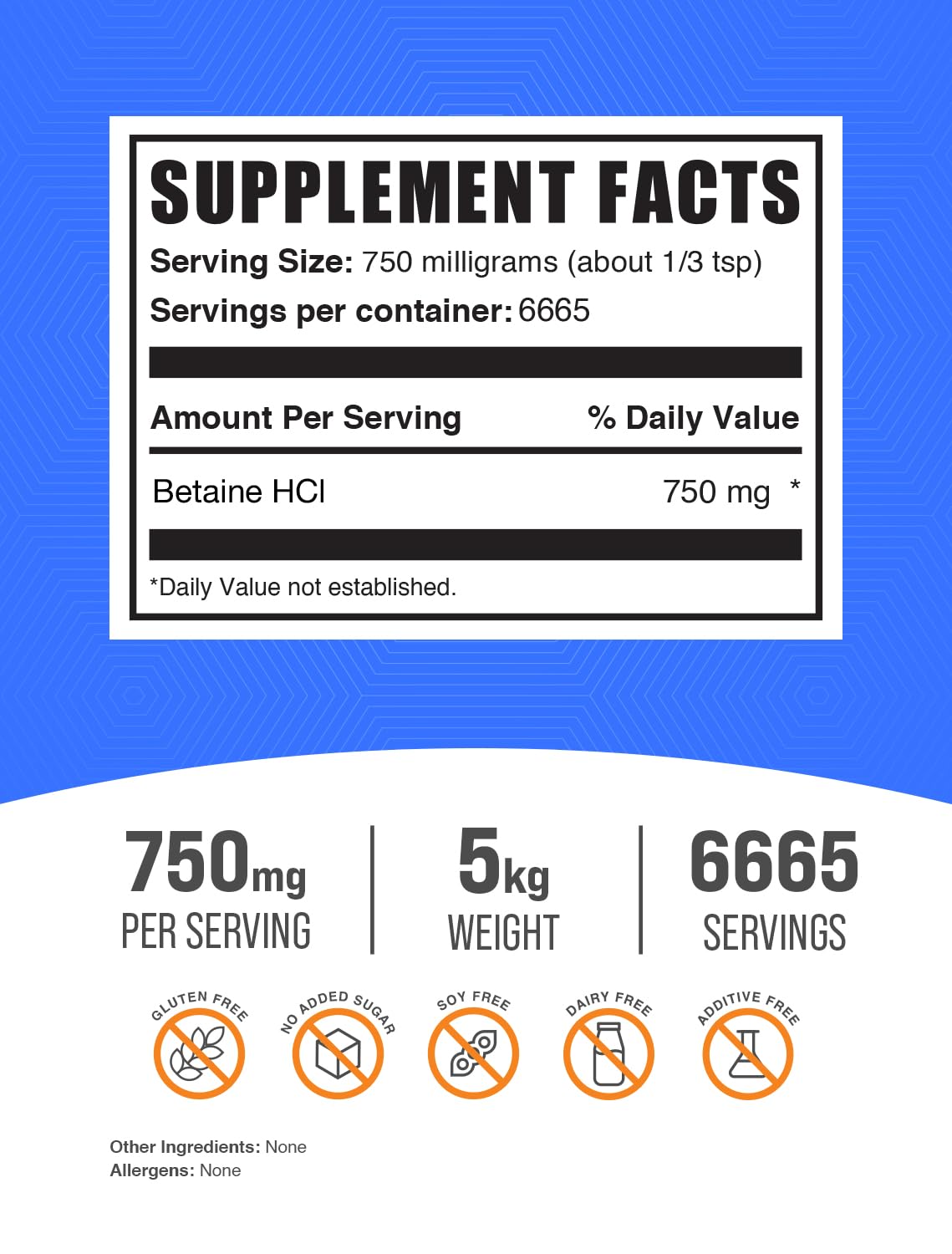 BulkSupplements.com Betaine HCl Powder - 750mg Betaine Hydrochloride Supplement for Digestive Health | Gluten Free Betaine Powder (5kg/11 lbs) - Supports Stomach Acid Production & Protein Digestion | Ideal for Gut Health, GERD Relief & Enzyme Support