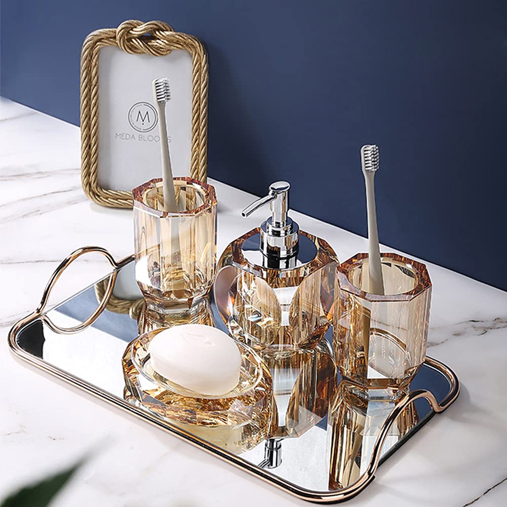 5-Piece Crystal Glass Bathroom Accessories Set - Soap Dispenser, Lotion Bottle, Toothbrush Holder, Tumbler & Soap Dish in Gold | Elegant Bath Decor for Modern Homes & Luxury Hotels