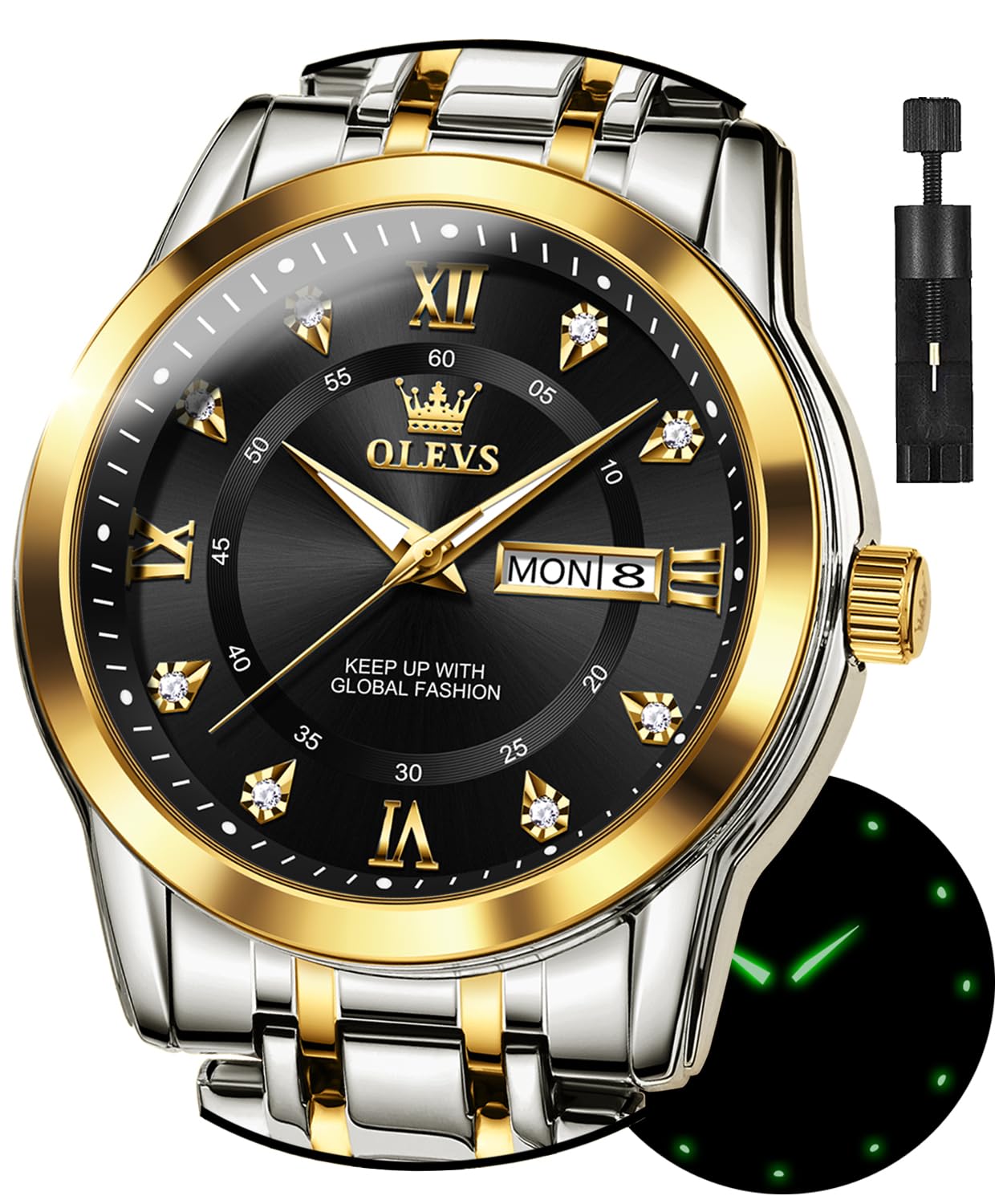 OLEVS Men's Stainless Steel Analog Quartz Chronograph Watch with Moon Phase, Waterproof, Date & Luminous Features - Perfect for Business, Casual & Formal Occasions - Ideal Gift for Men