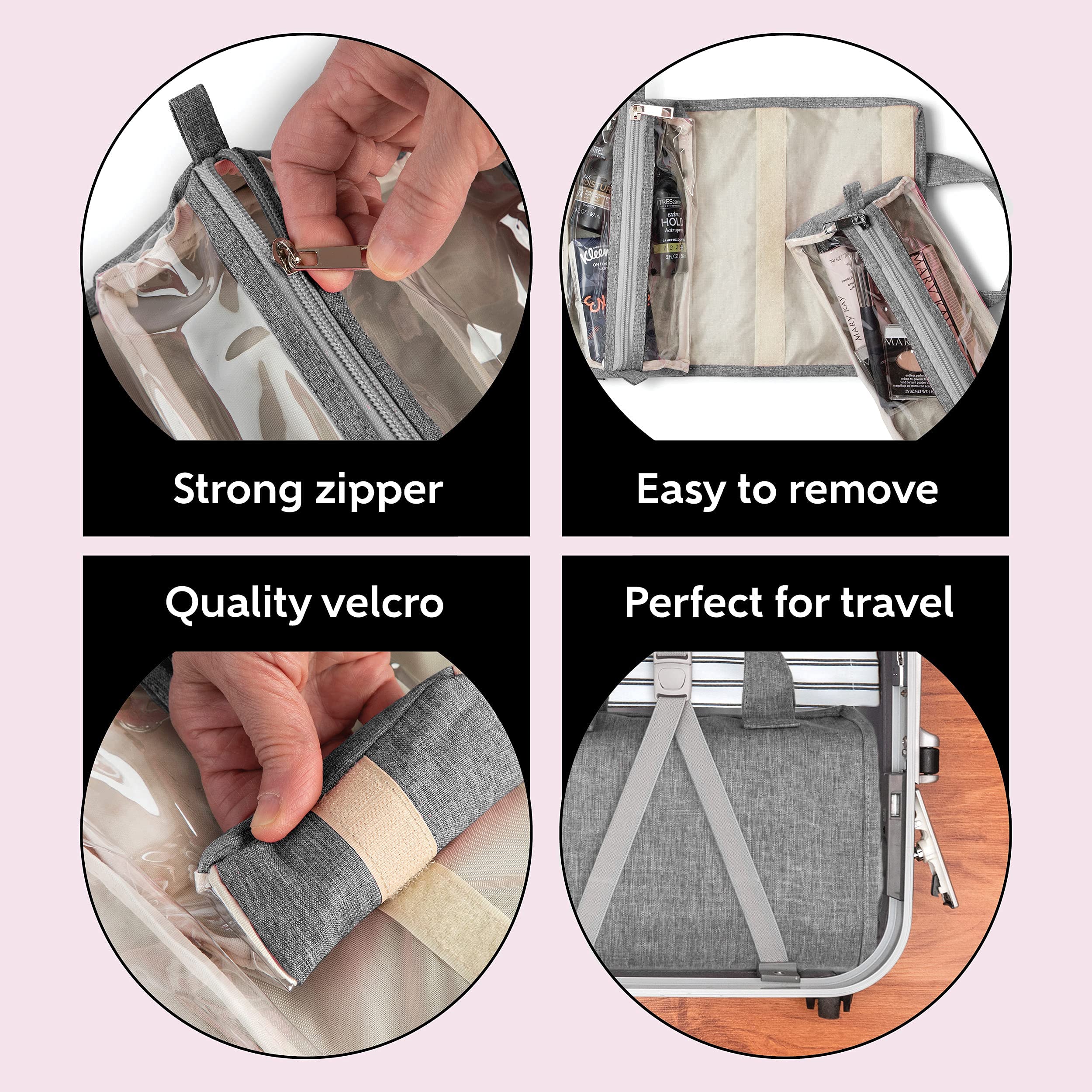 4-in-1 Hanging Toiletry Bag with Detachable PVC Pouches | Waterproof Travel Makeup Organizer | 600D Oxford Fabric Cosmetic Bag for Women | Perfect for Travel, Camping & Gym Organization (Gray)