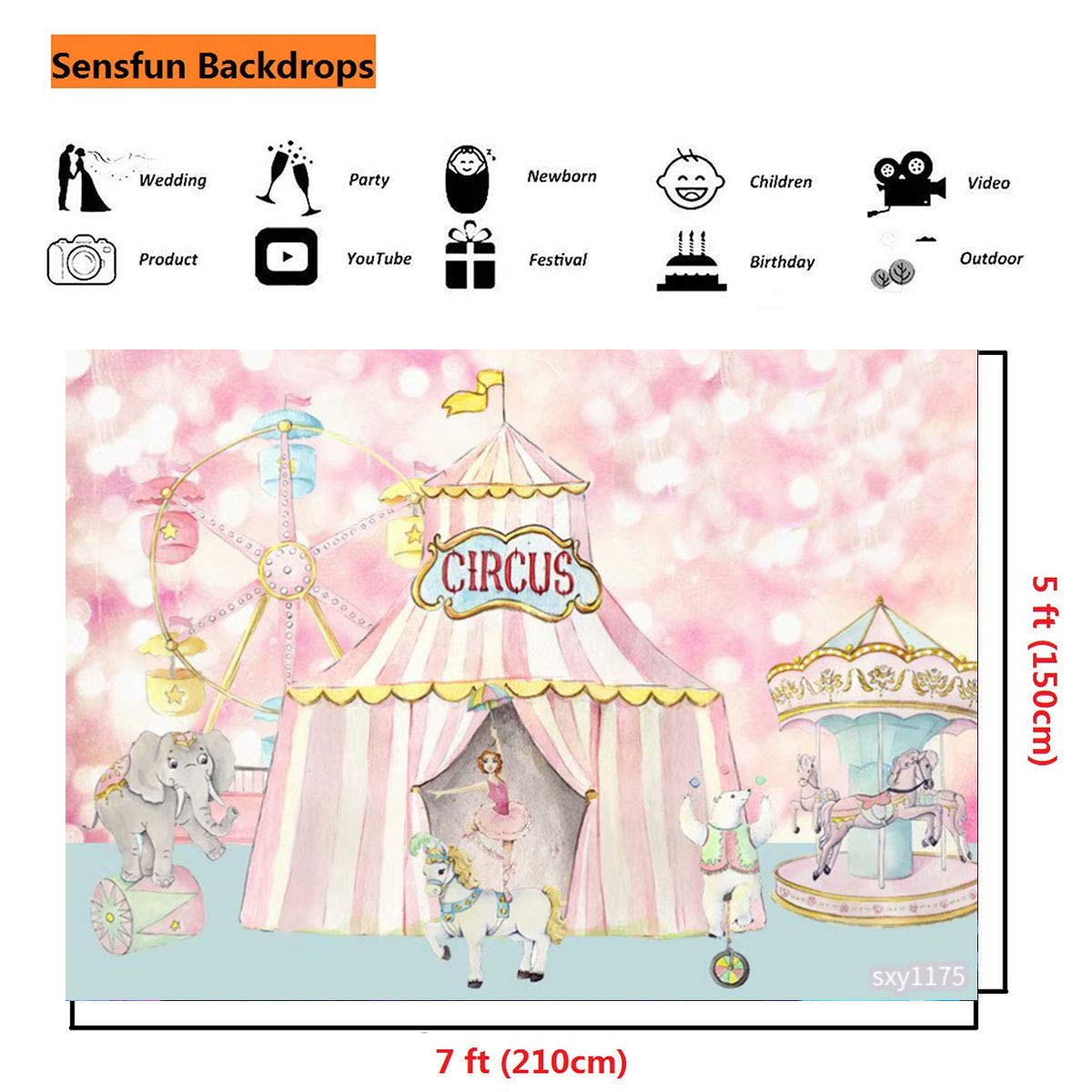 Sensfun Pink Bokeh Circus Backdrop - 7x5ft Carnival Carousel Ferris Wheel Tent Photo Booth Background for Girls 1st Birthday Party, Baby Shower, Newborn Celebration, Cake Table Decor & Studio Props | Perfect for Circus-Themed Events, Birthday Photos, and Social Media Backdrops