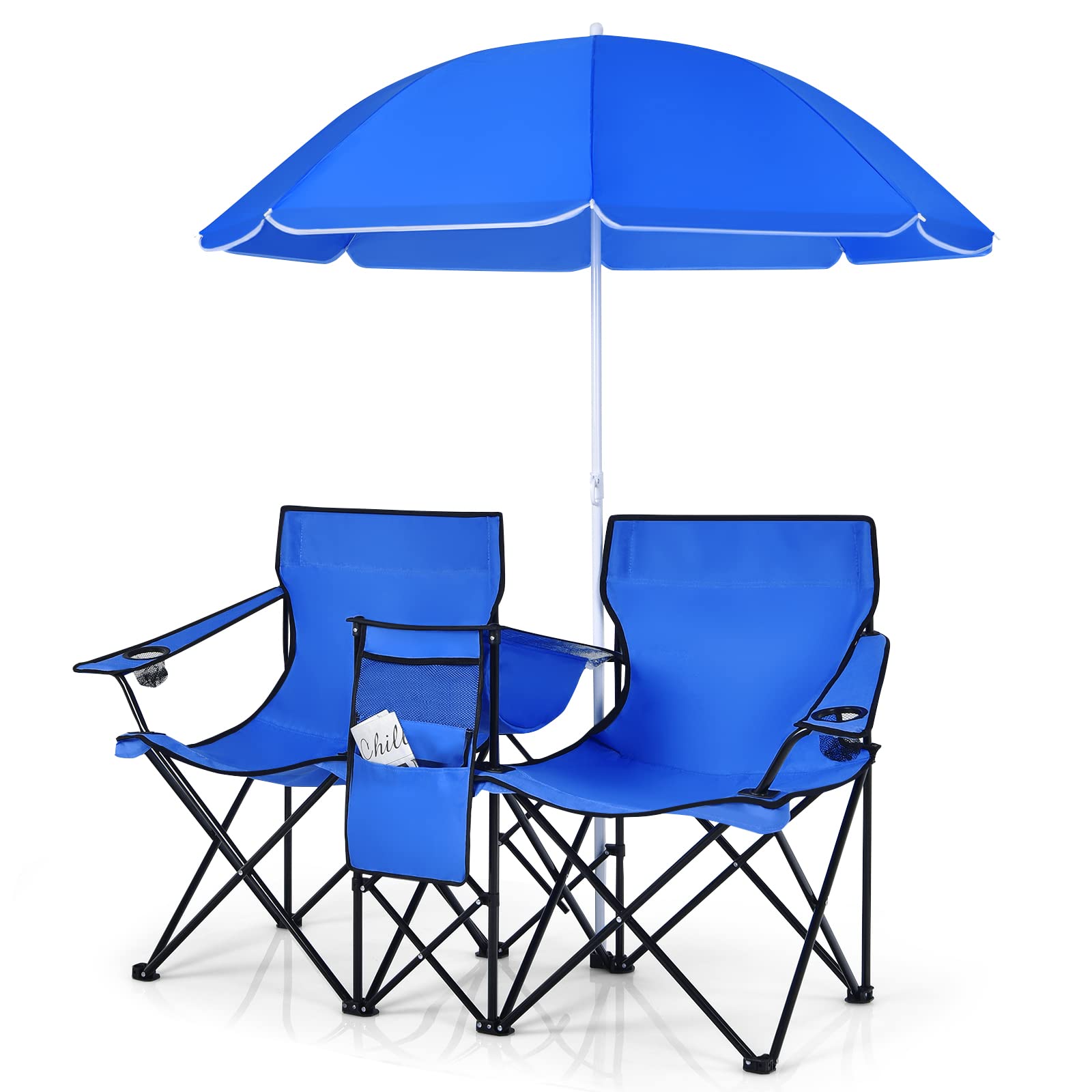 **LUARANE Folding Double Camping Chair with Removable Umbrella & Mini Table - Portable Outdoor Loveseat for Picnics, Beach, Pool, Park, and Backyard - Includes Cup Holder & Carrying Bag (Blue)**    **Perfect for Couples, Beach Lounging, Camping Trips, and Outdoor Gatherings!**