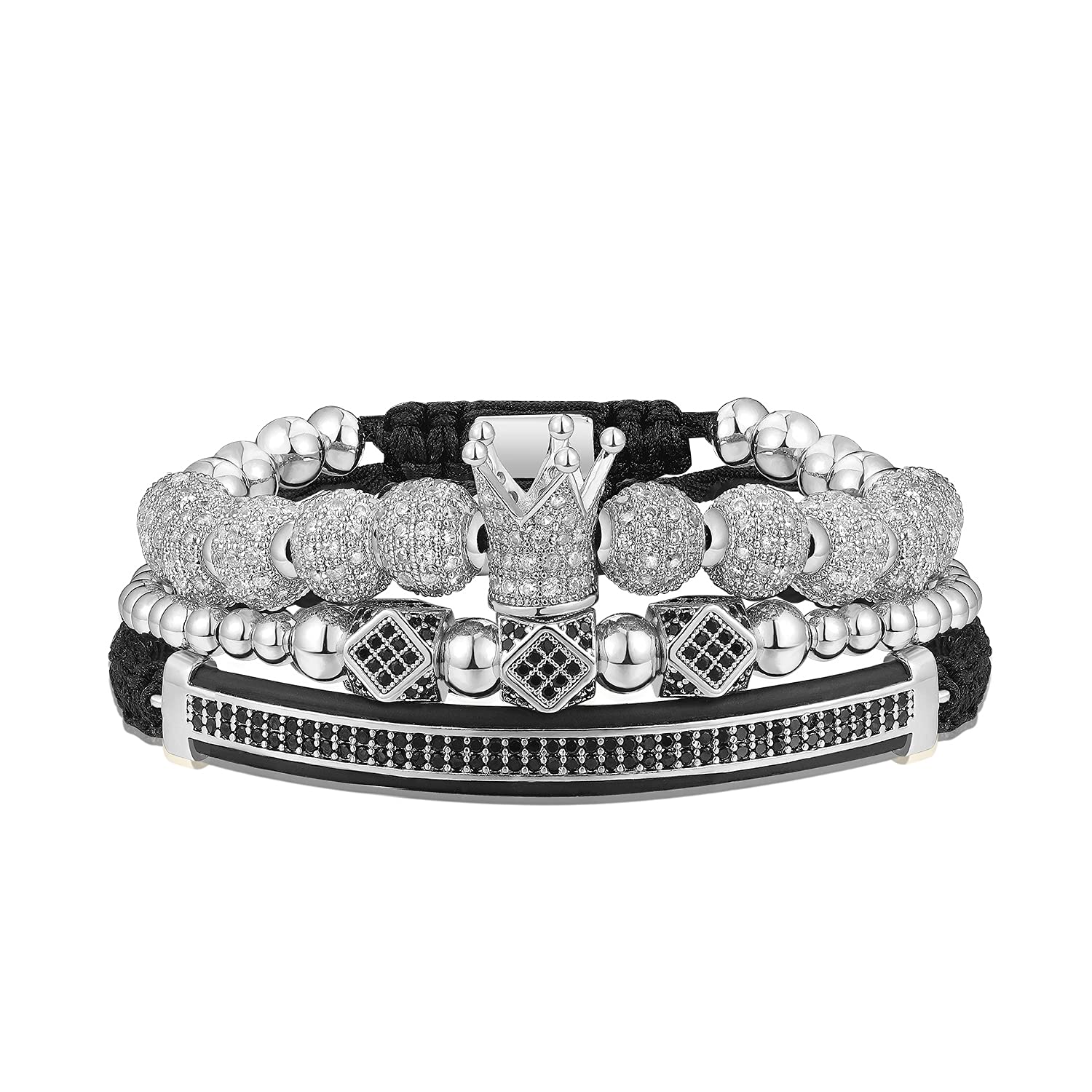 WFYOU Imperial Crown Bracelets for Men - 18kt Gold Plated Cubic Zirconia Beaded Cross Charm Bracelet - Luxury Jewelry Gift for Him - Perfect for Weddings, Anniversaries & Special Occasions