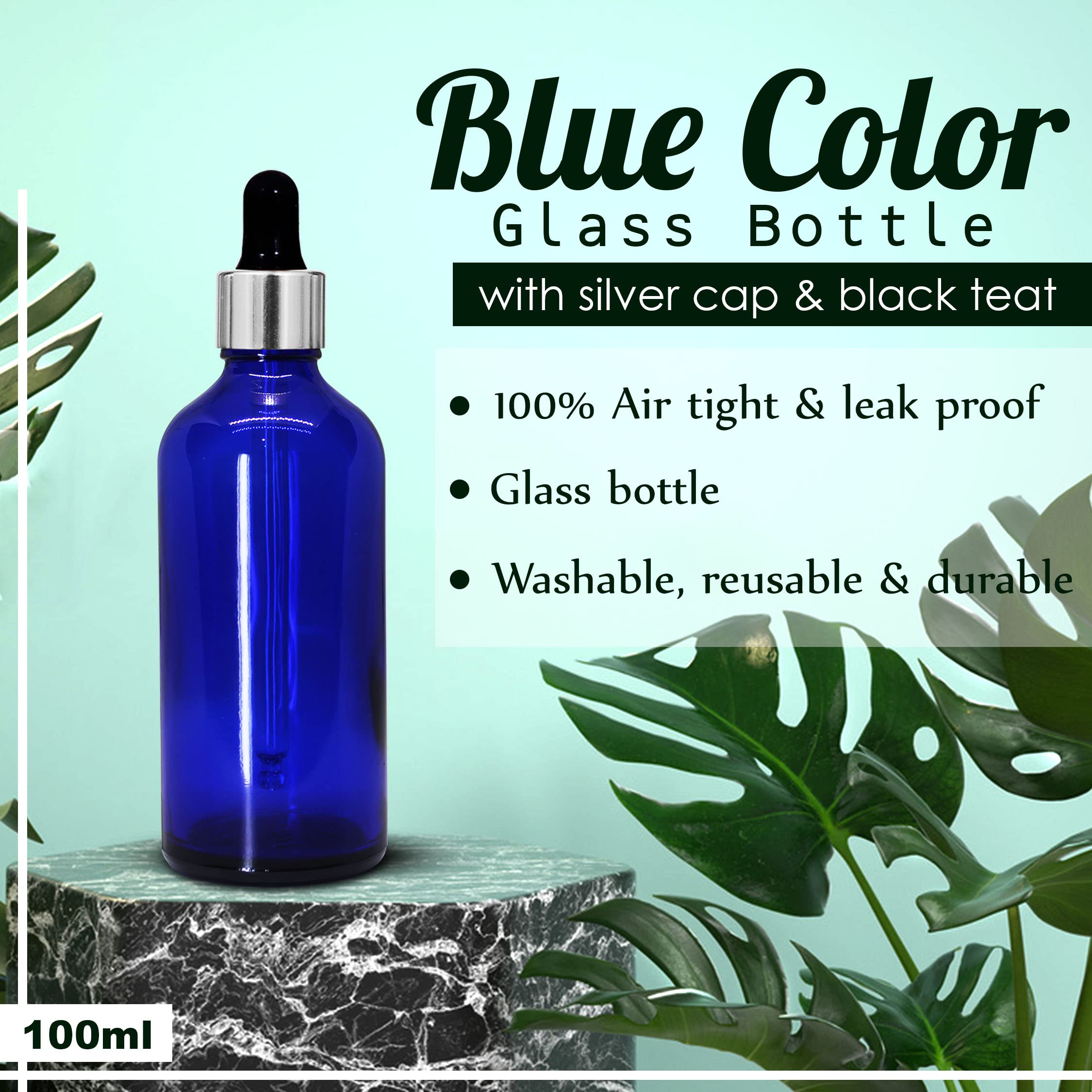 NSB Herbals 100ml Blue Round Empty Glass Bottle with Glass Dropper, Silver Ring & Black Silicone Teat - Leakproof Refillable Essential Oil Bottles for DIY Perfumes, Aromatherapy, Travel (Pack of 3)
