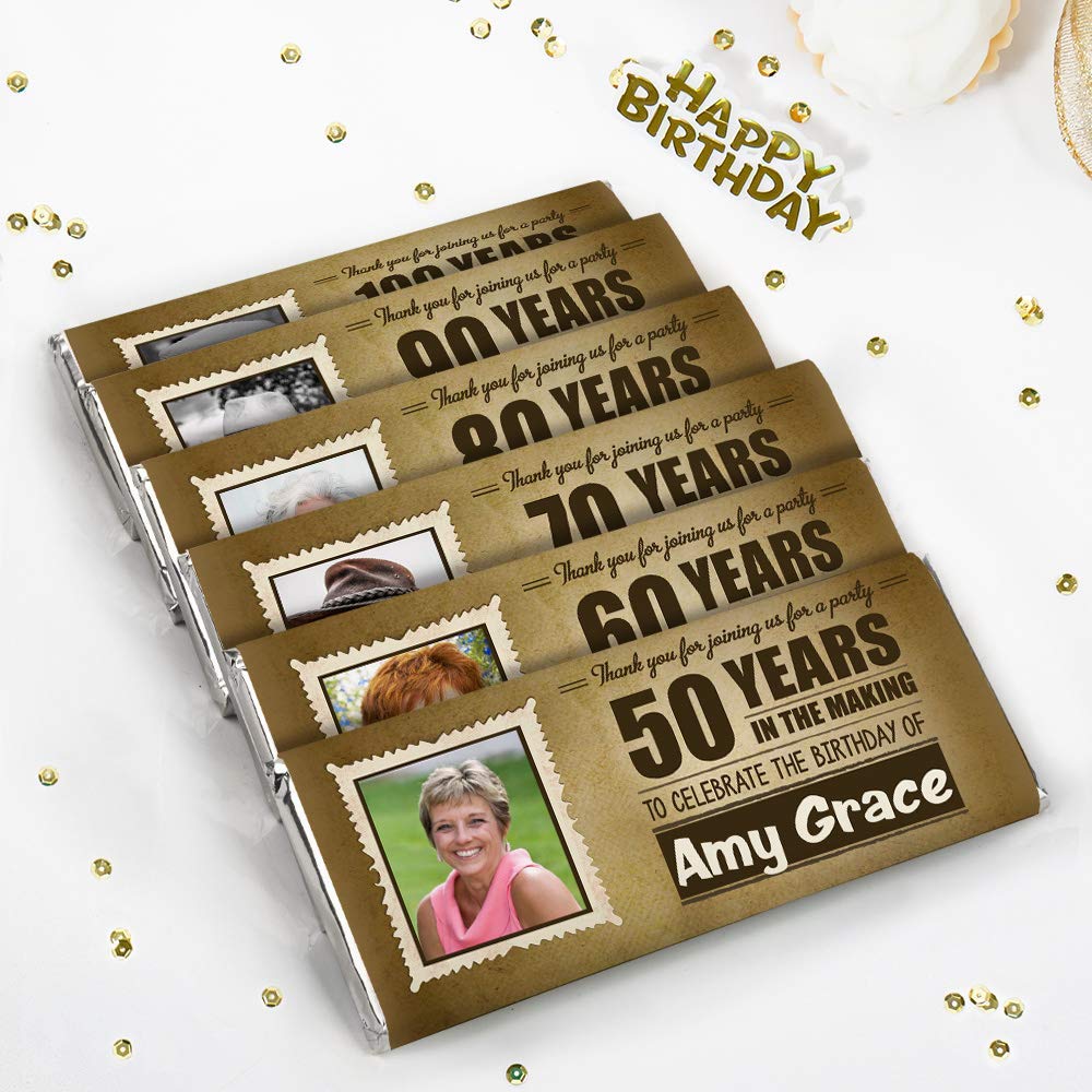 12-Pack Personalized Birthday Candy Bars with Photo Labels - Prewrapped Chocolate Favors for 50th, 60th, 70th, 80th & 90th Birthday Parties | Perfect for Adult Celebrations, Milestone Gifts & Party Favors