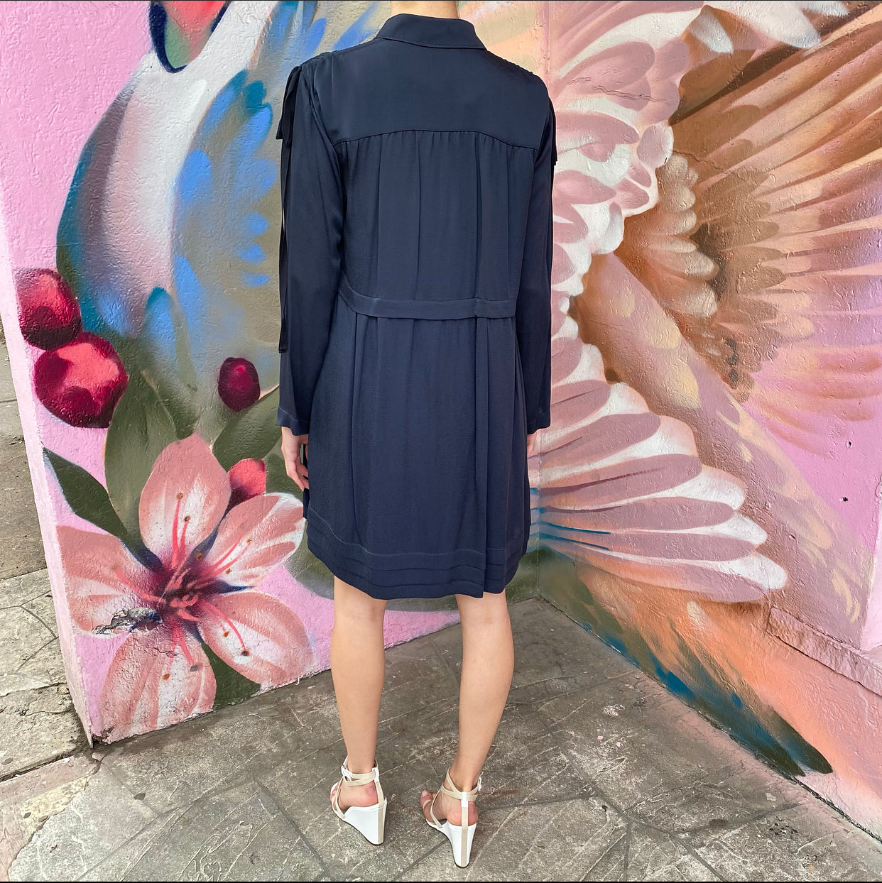 Chloe Navy Blue Long Sleeve Empire Waist Midi Dress for Women - Elegant Formal & Office Wear, Wedding Guest Outfit, Holiday Party Dress