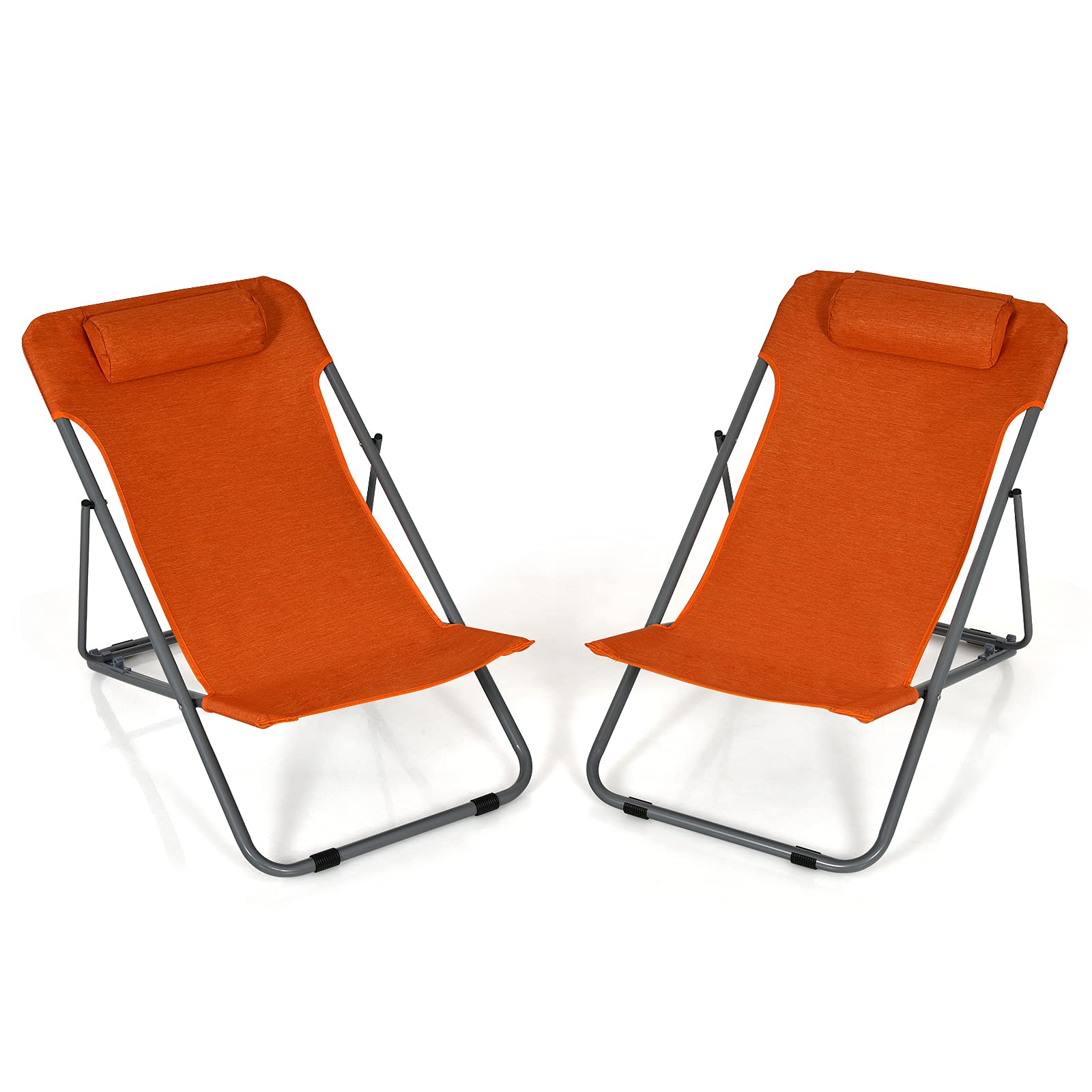Goplus 2-Pack Beach Sling Chairs for Adults - Portable Folding Camping Chairs with 3-Position Adjustable Backrest & Comfortable Headrest - Heavy Duty Outdoor Lounge Chairs for Beach, Poolside, Backyard, and Camping (Orange)