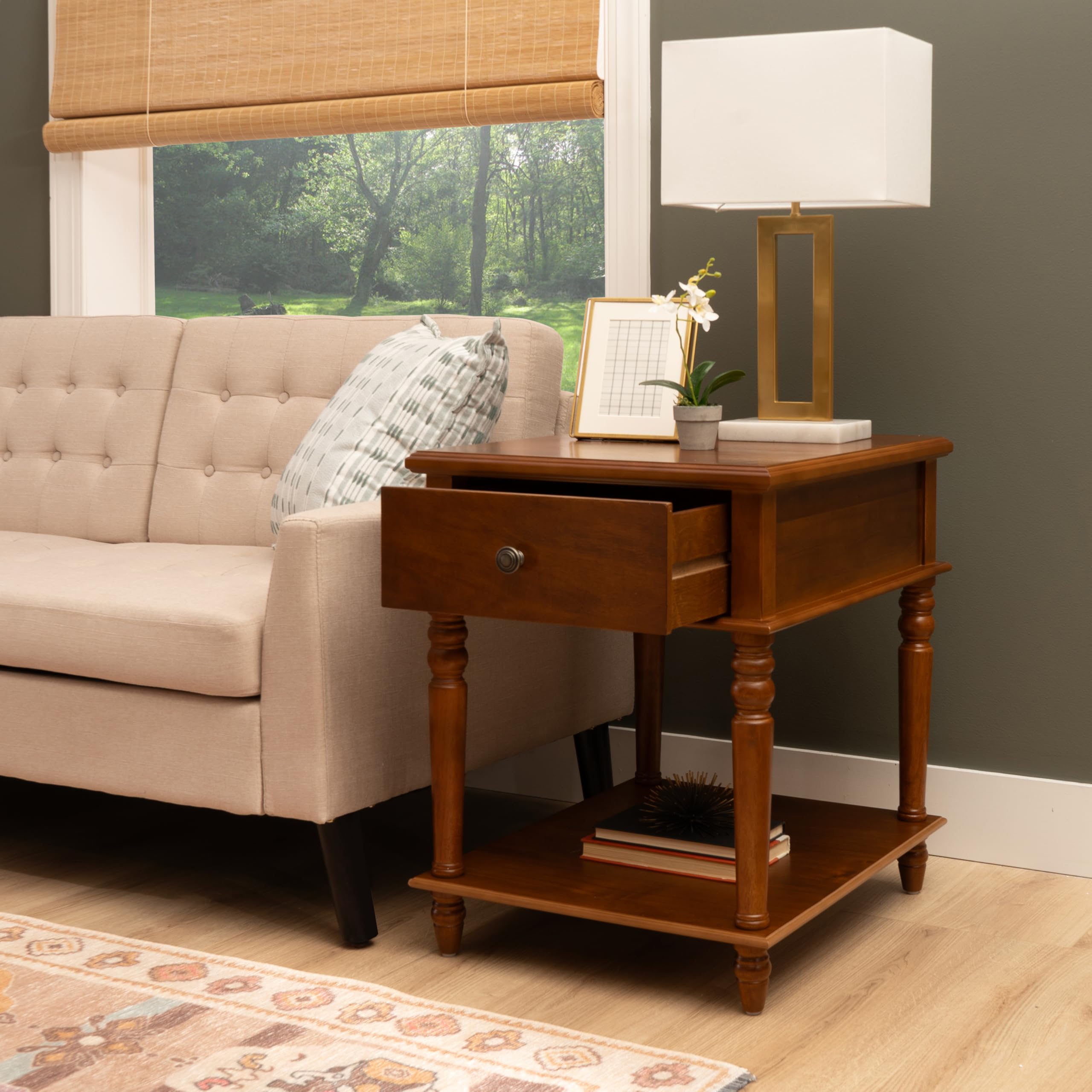 Powell Modern Classic Vivian Side Table - Solid Wood Nightstand with Drawer, Hazelnut Finish for Bedroom, Living Room & Office