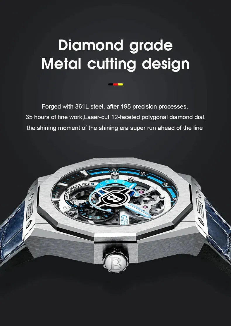 BONEST GATTI Men's Automatic Luxury Mechanical Watch with Hollow Out Dial, 50M Waterproof, Luminous Hands, Sapphire Glass & Leather Strap - Perfect for Business, Formal Events & Everyday Wear