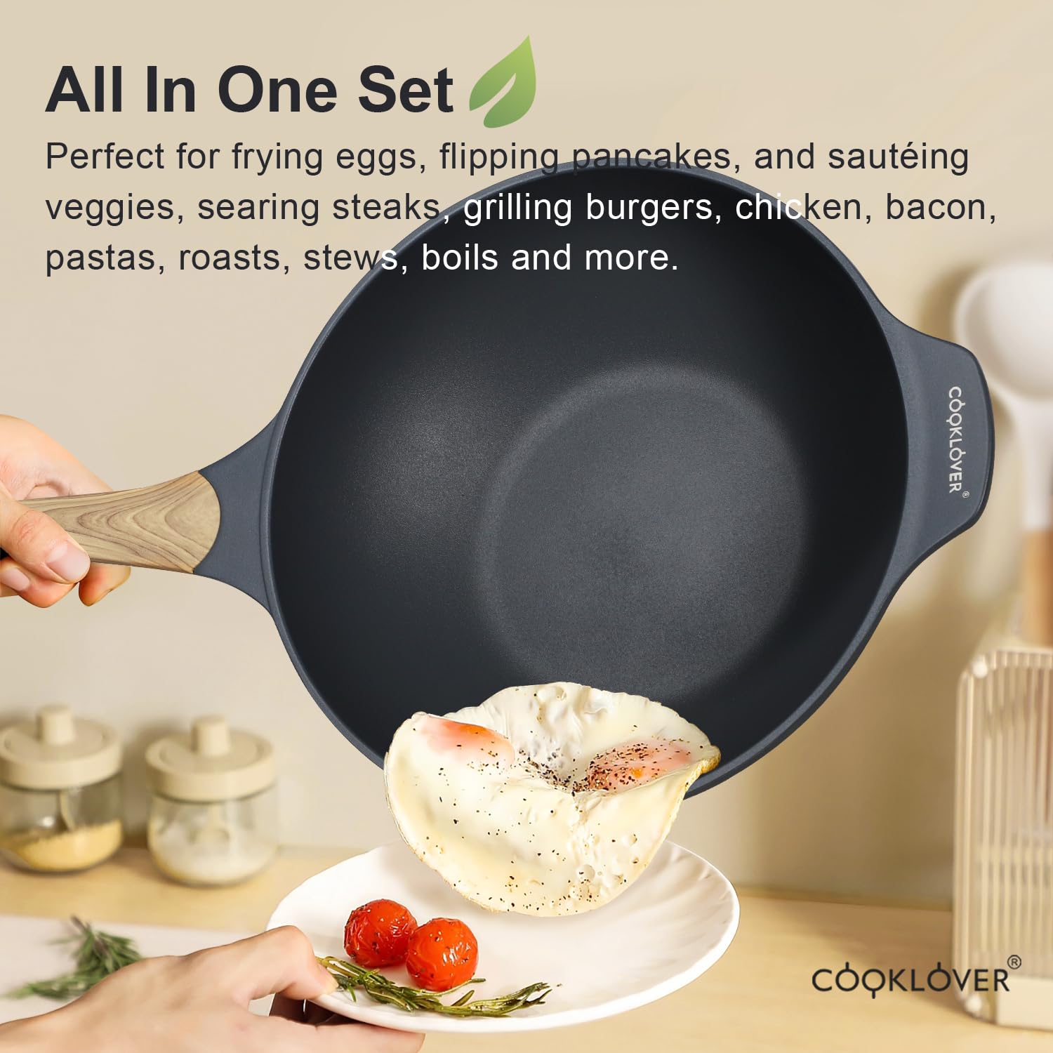 Nonstick Wok Pan 12.6 Inch - COOKLOVER Die-Cast Aluminum Stir Fry Pan with Glass Lid, PFOA-Free & Scratch Resistant, Induction Compatible (Slate Grey) - Perfect for Asian Cooking, Stir Frying, Sautéing & Home Kitchen Use