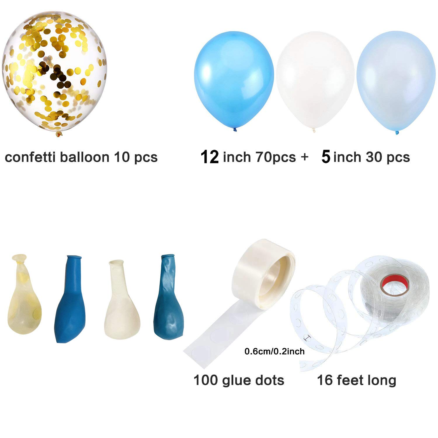 112 Pcs Blue Gold & White Balloons Set - 12 inch & 5 inch Sky Blue, Light Blue, Gold Confetti, White Balloons for Royal Baby Shower Decorations, Birthday Parties, Gender Reveal Events and Wedding Decor