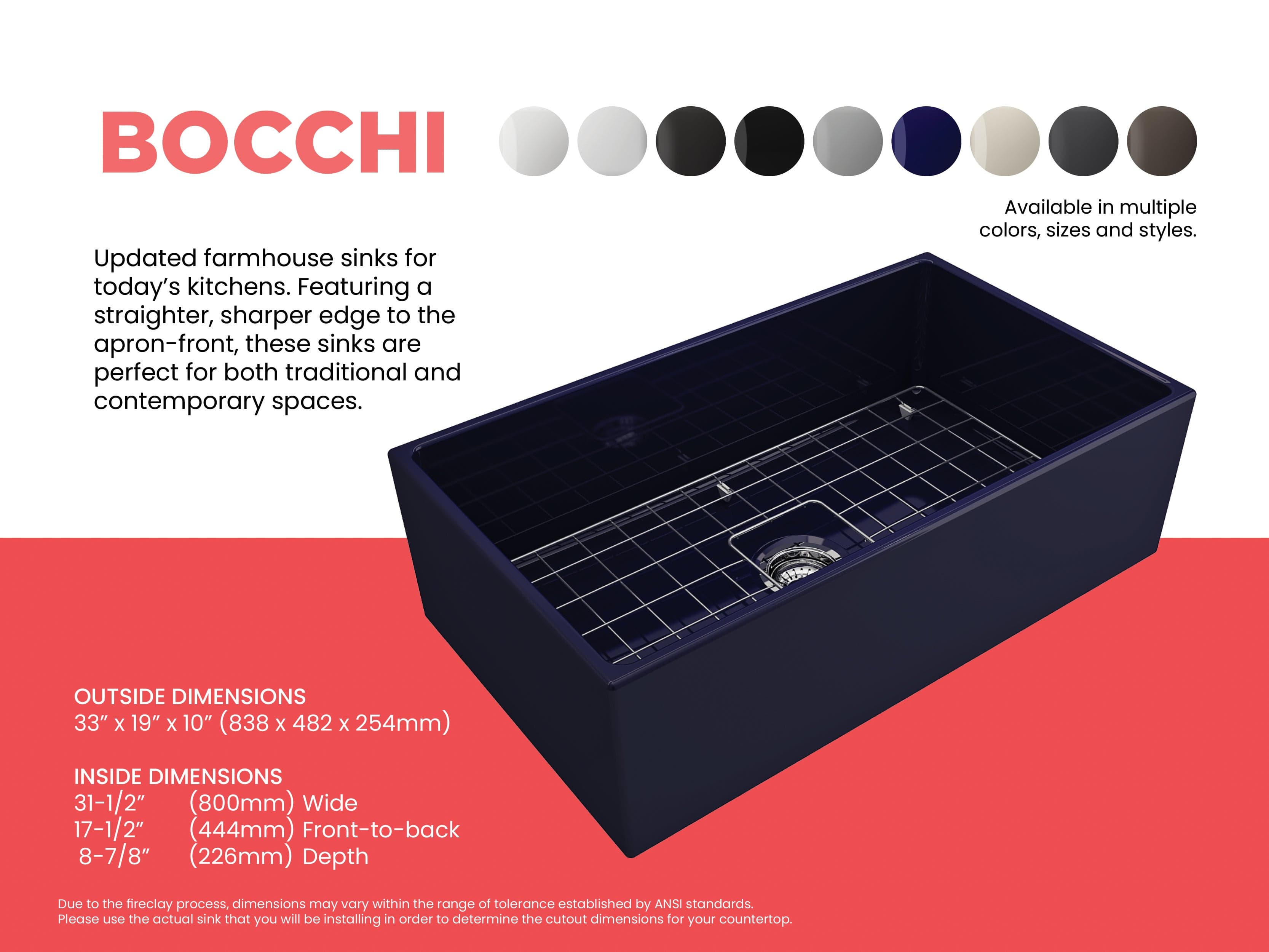 BOCCHI CONTEMPO 33 Inch Fireclay Farmhouse Single Bowl Kitchen Sink with Protective Bottom Grid & Strainer - Perfect for Modern Farmhouse, Rustic, and Traditional Kitchen Designs