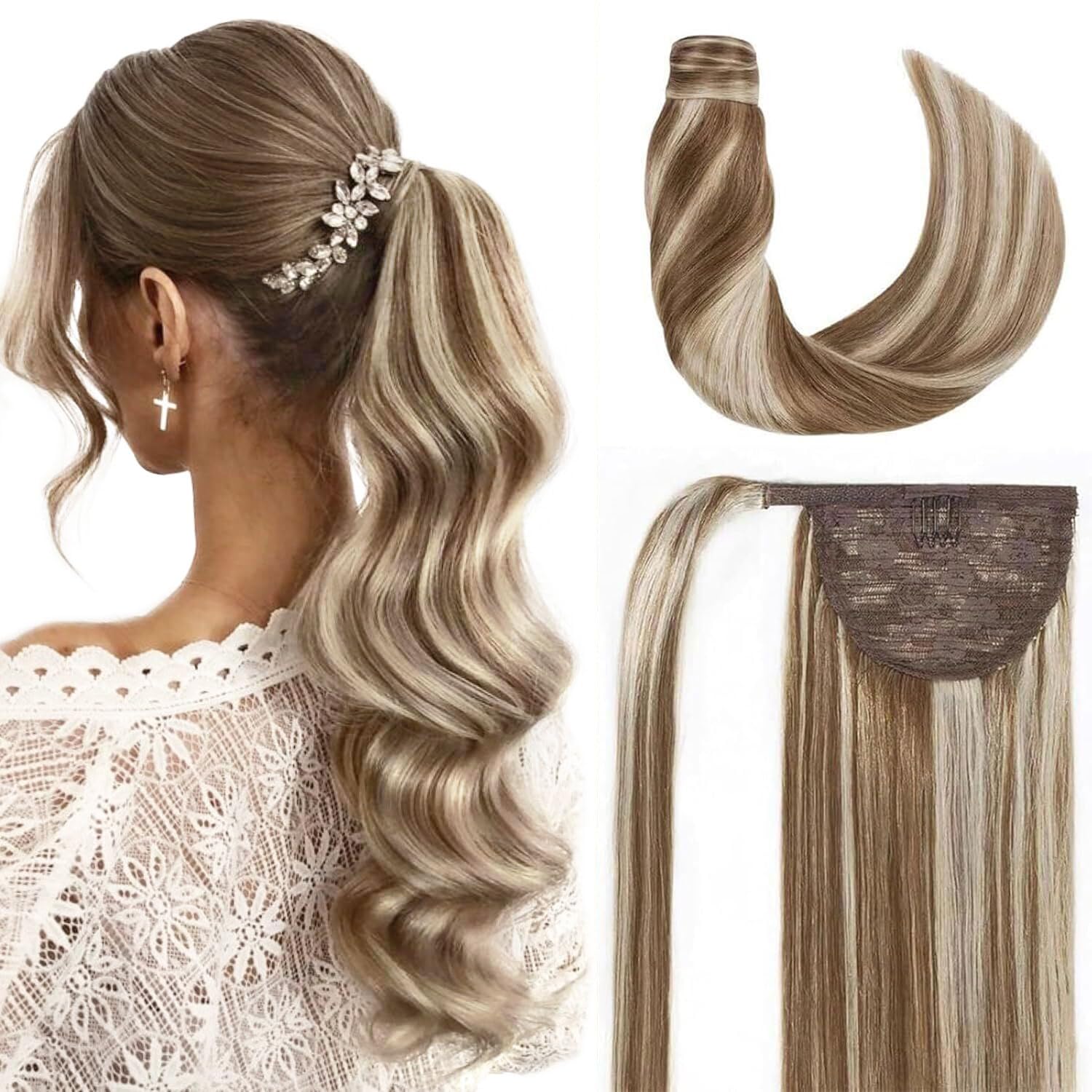 16 Inch Human Hair Clip-in Ponytail Extension - Balayage Golden Brown with Bleach Blonde Highlights (P10/613) | Natural Wrap Around Ponytail Hairpiece for Women | Perfect for Parties, Weddings & Everyday Styling