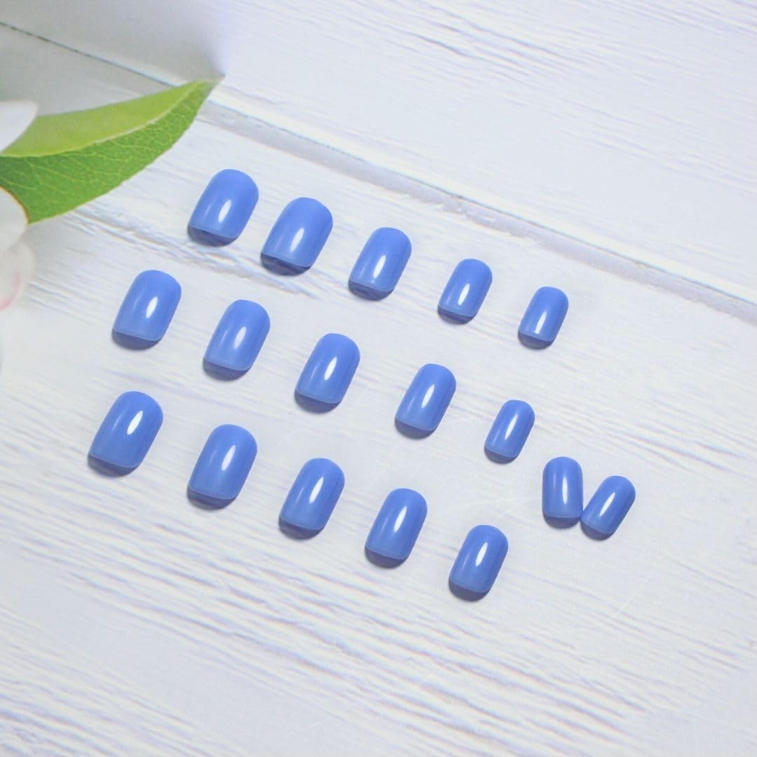 KXAMELIE Blue Press on Nails - 24Pcs Short Square Acrylic Fake Nails with Protective Coat | Natural Gel Glue on Nails, Reusable Solid Color Artificial Nails for Daily Wear & Special Occasions