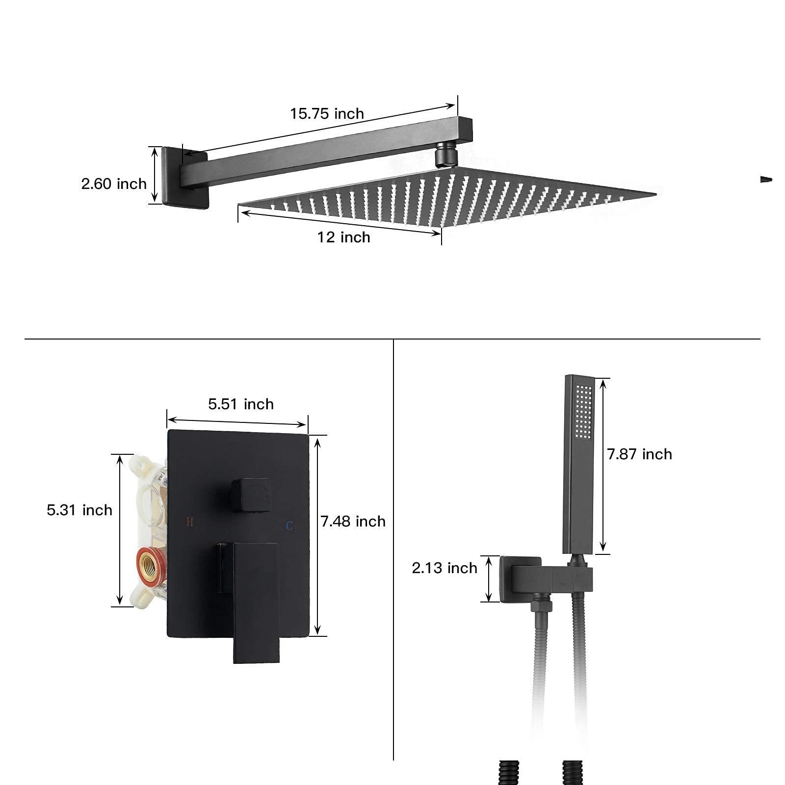 Matte Black Waterfall Bathroom Faucet with Pop Up Drain - 12 Inch Rainfall Shower Head & Handheld Spray Mixer - Wall Mounted Shower System for Modern Bathrooms (Ideal for Spa-Like Showers and Luxurious Bathroom Upgrades)